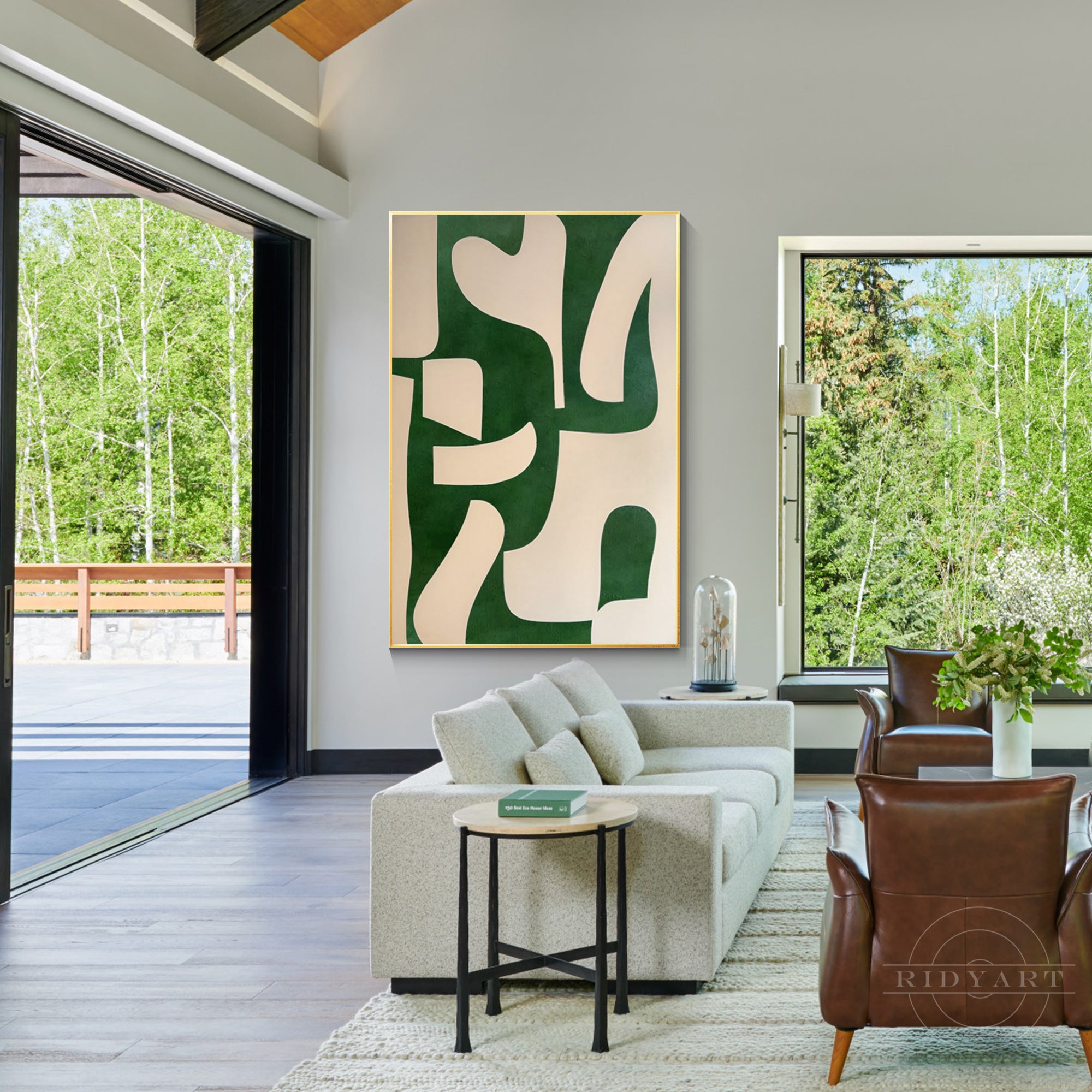 Beige and emerald green abstract painting on canvas with organic shapes. Vertical oversized minimalist wall art for modern home decor.