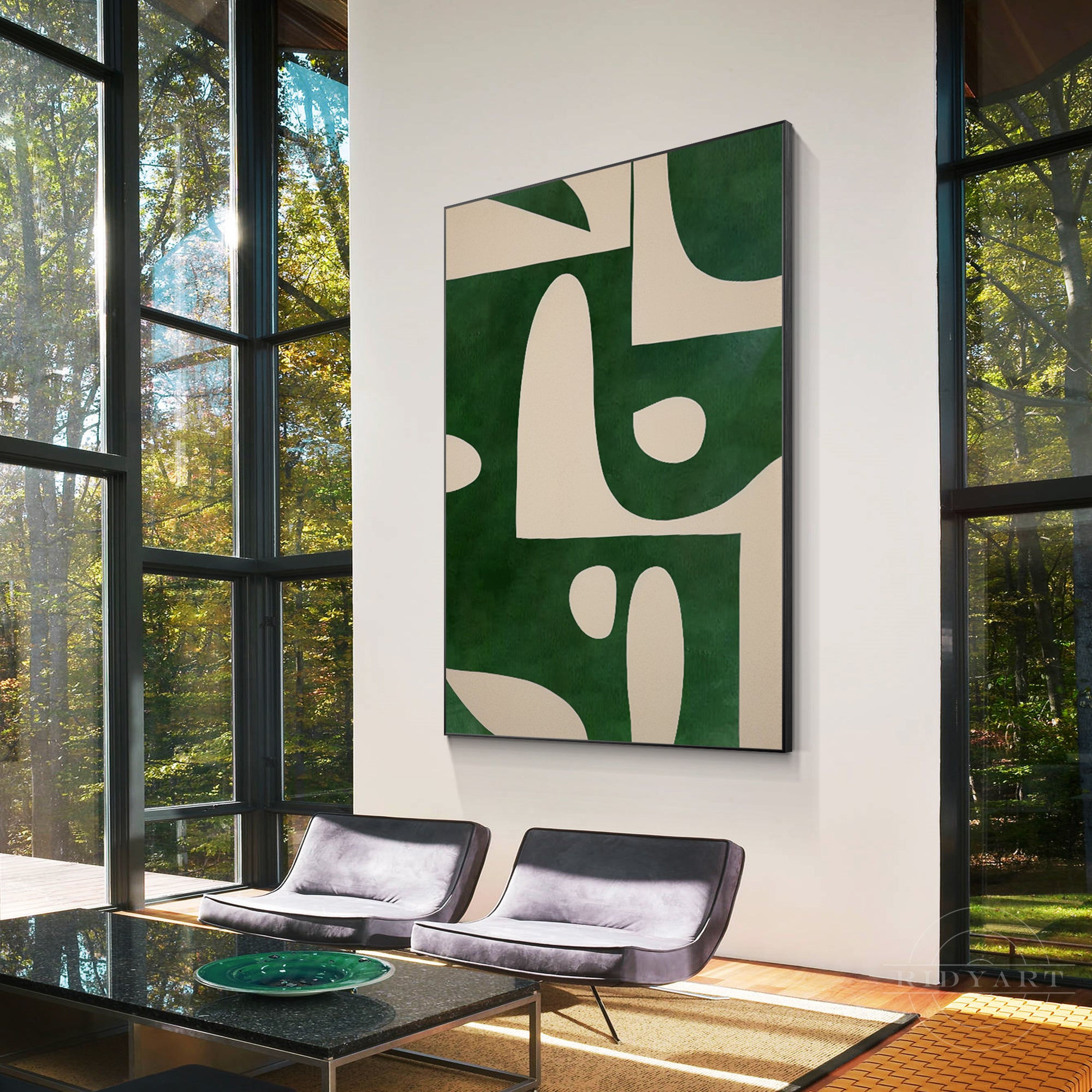 Beige and emerald green vertical abstract art painting on canvas with organic shapes. Large oversized minimalist wall art for home decor.