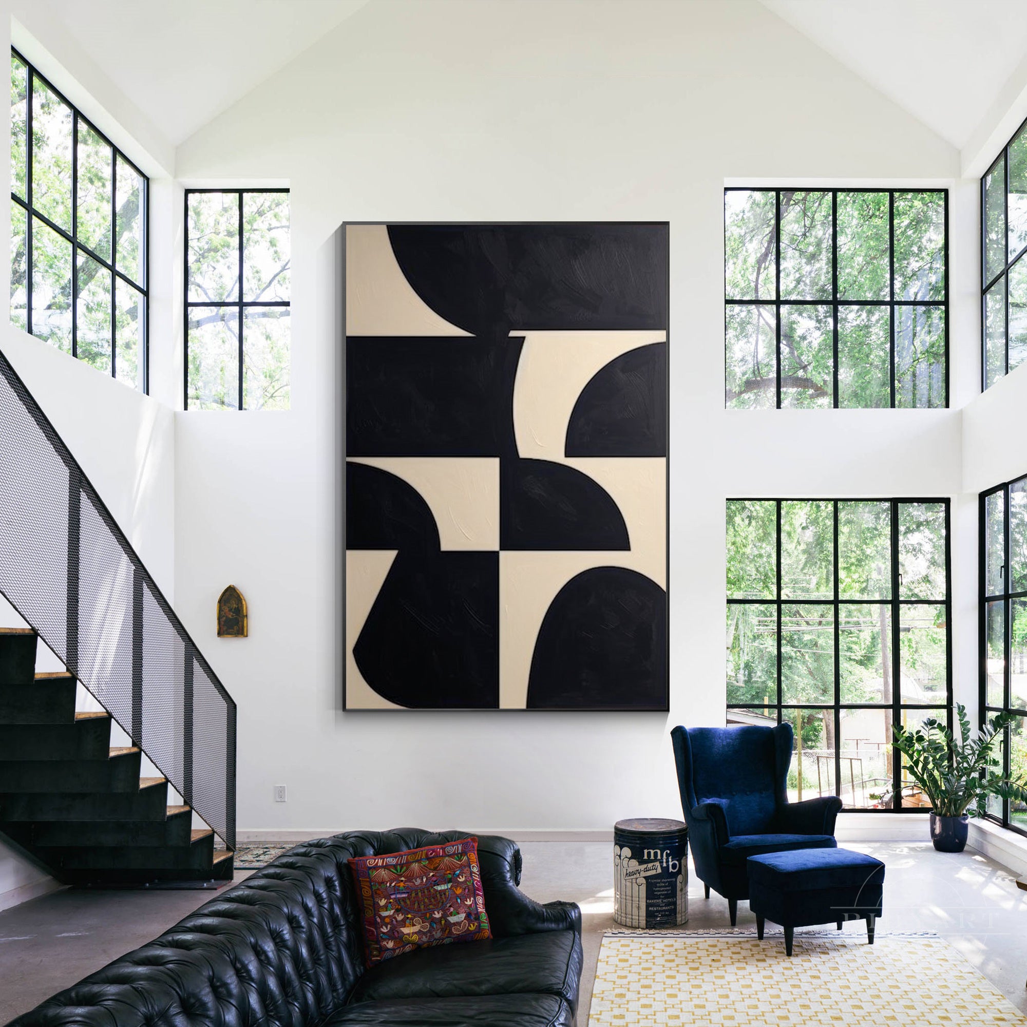 Black and beige textured geometric painting on canvas with organic shapes. Large wall art for industrial and minimalist home decor.
