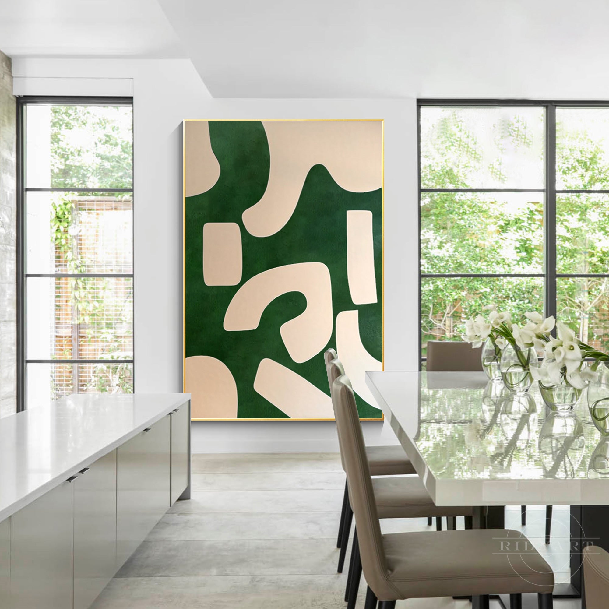 Emerald green and beige abstract painting on canvas with organic shapes. Vertical oversized minimalist wall art for modern home decor.