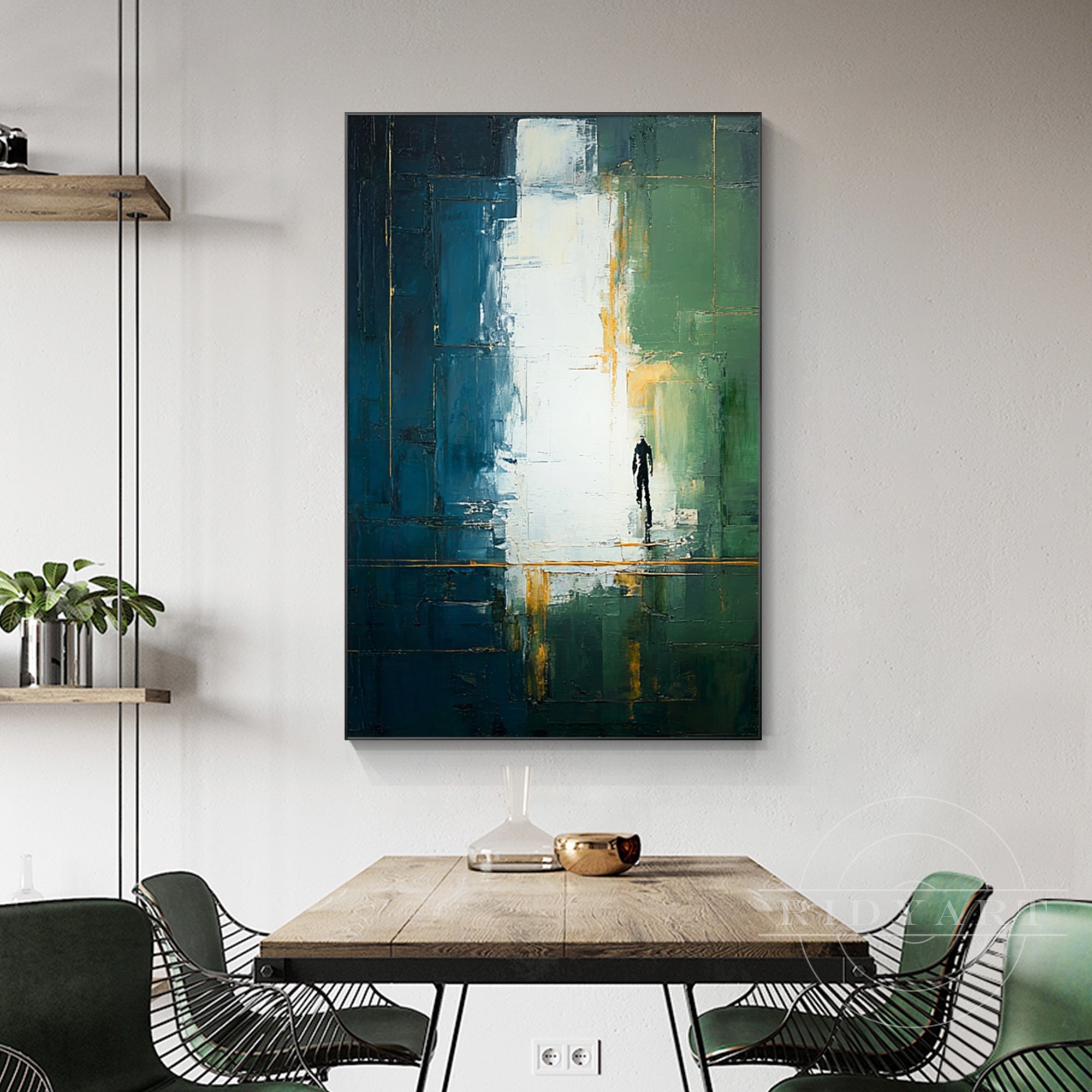 original abstract art navy blue emerald green canvas