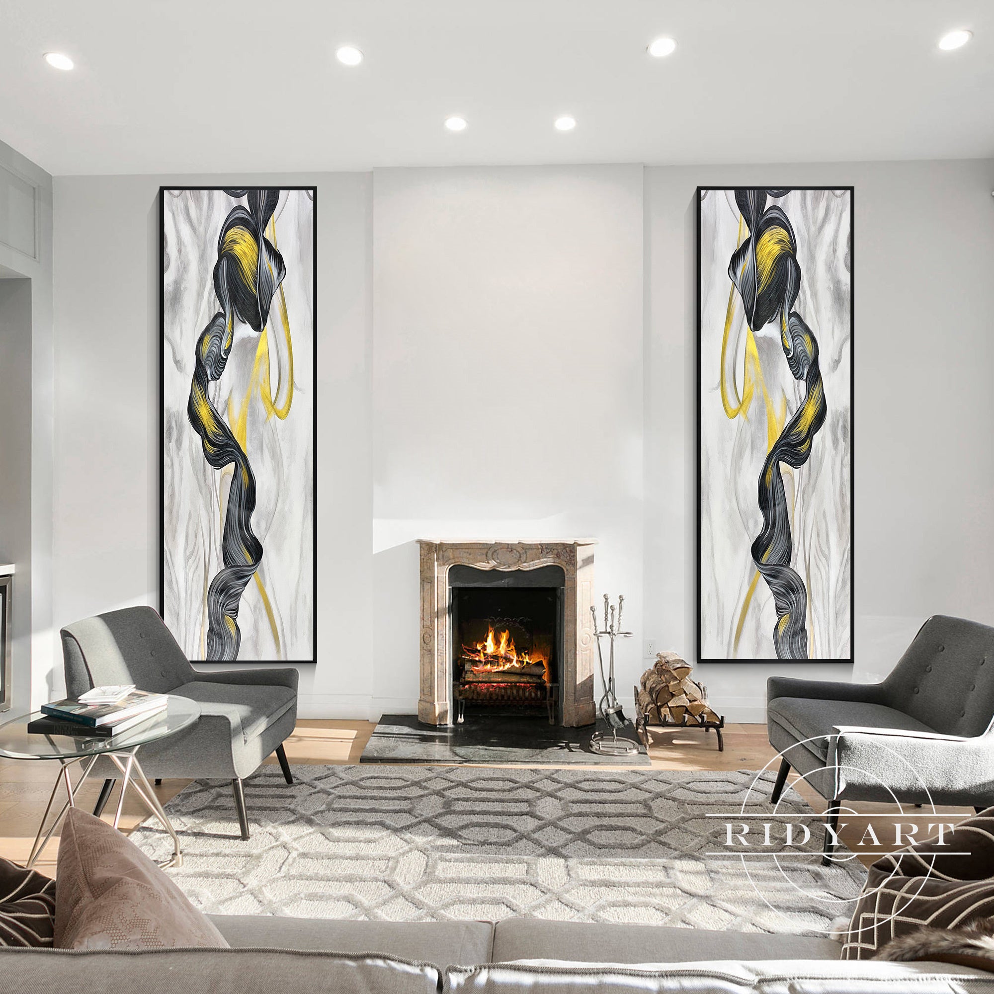 Elegant canvas art set in black and gold tones