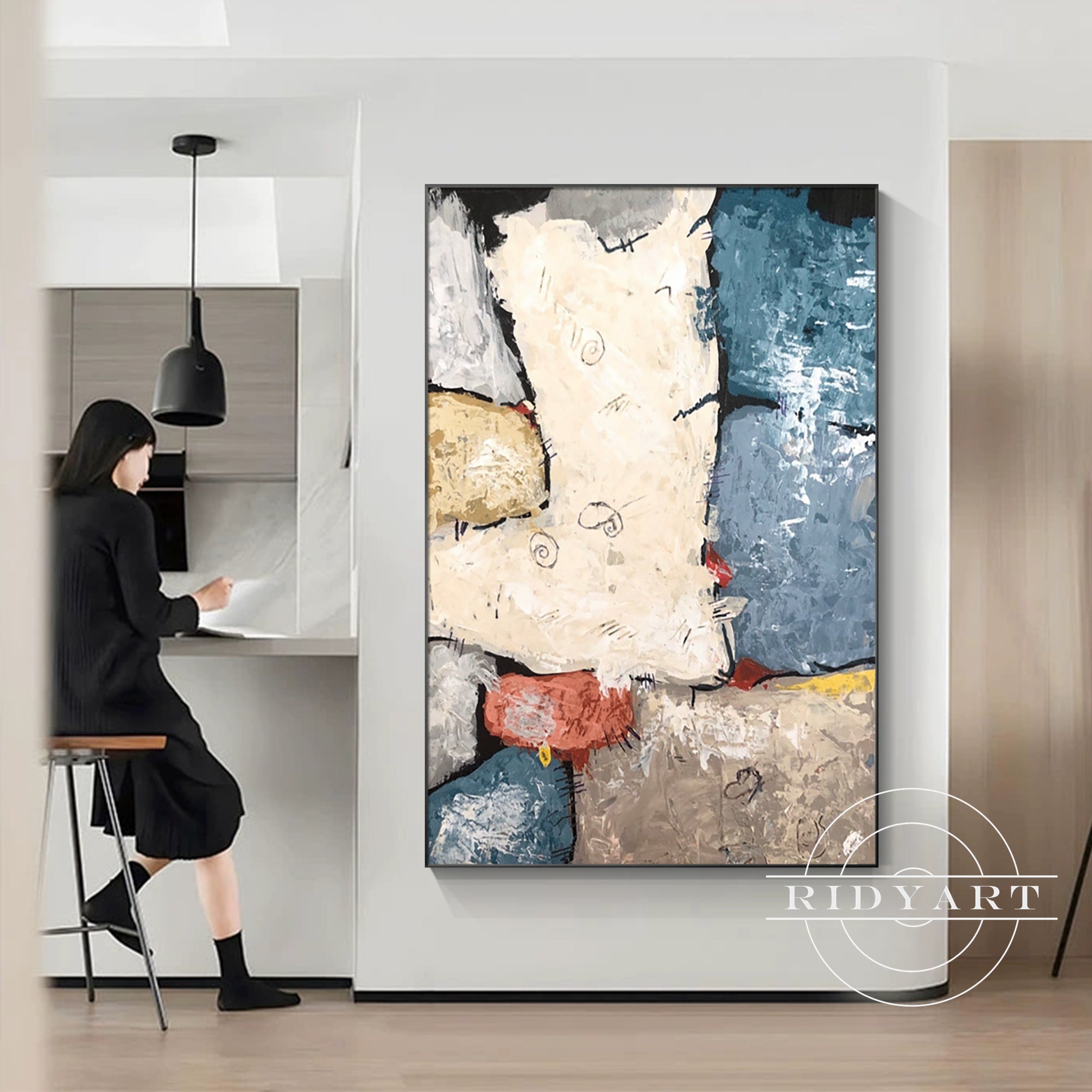 Hand-painted blue beige canvas artwork for modern interiors