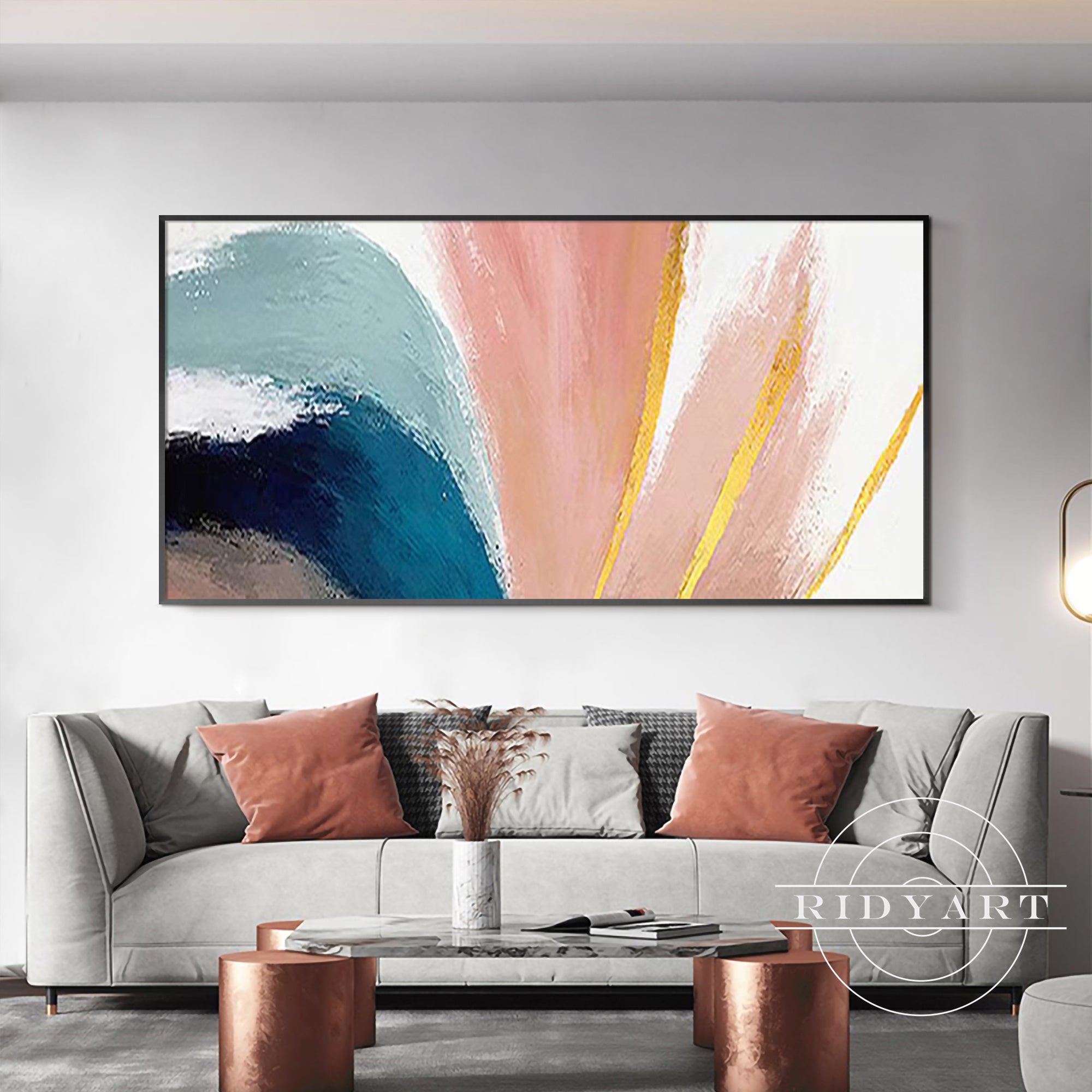 Original abstract canvas art in pink and metallic gold