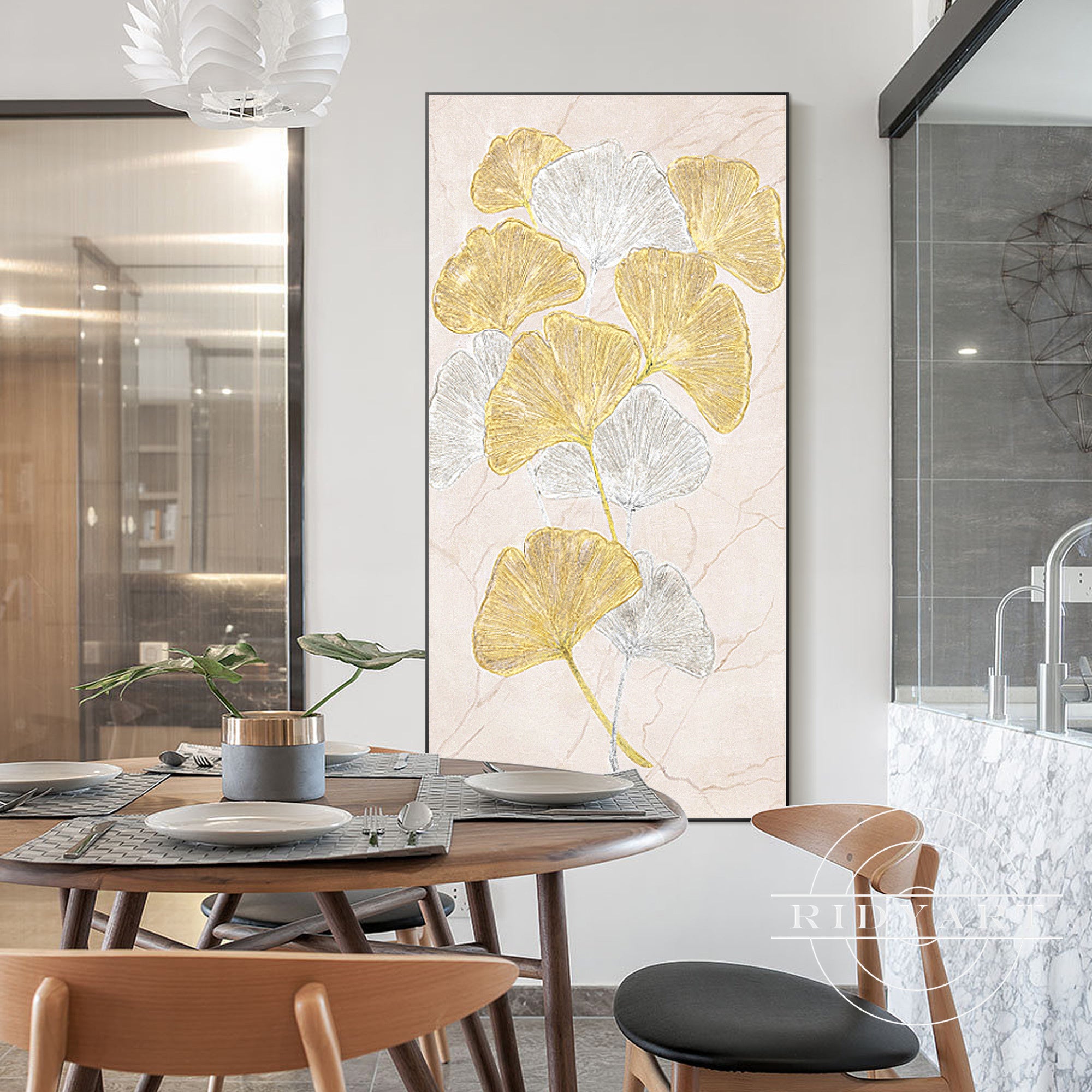 Elegant ginkgo wall decor in metallic tones