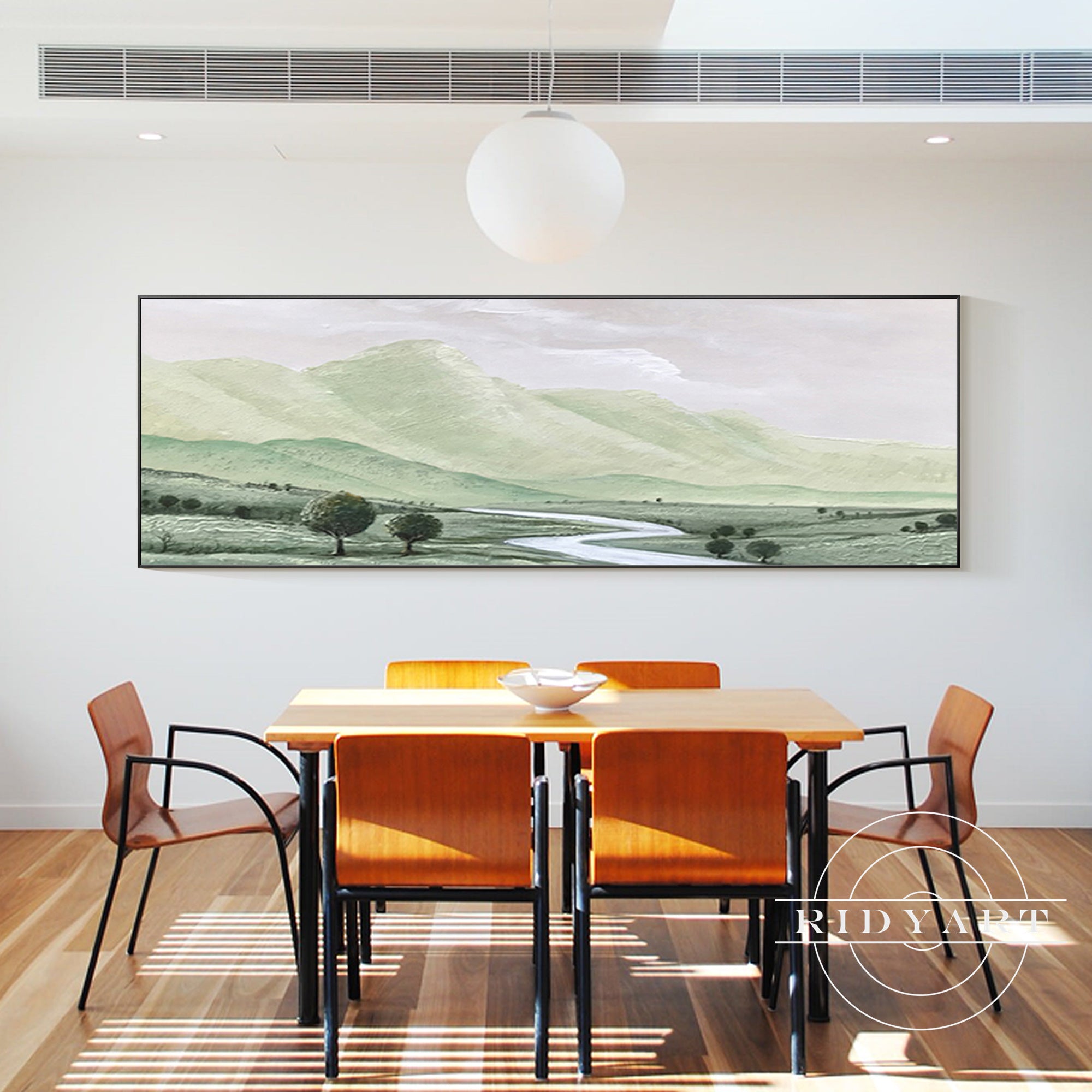 Japandi-style mountain wall art in sage and white