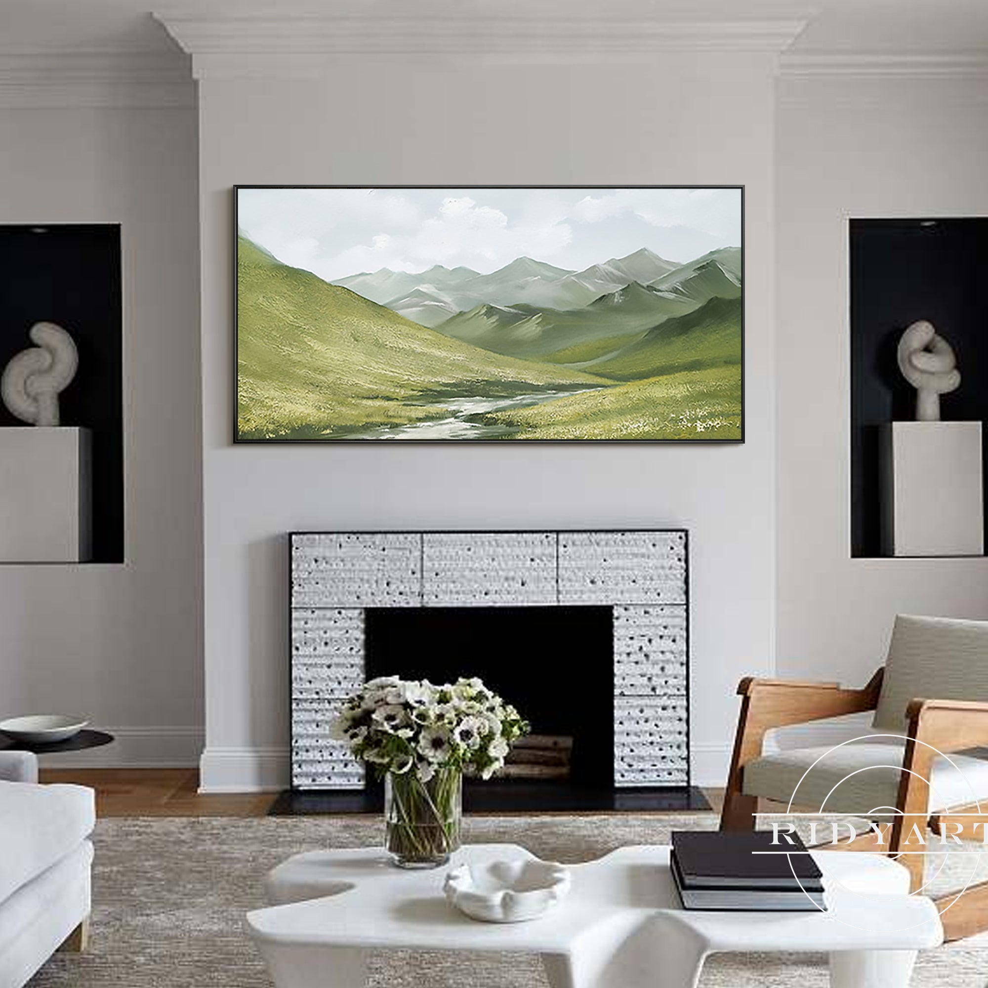 Hand-painted mountain scenery wall art with modern aesthetic