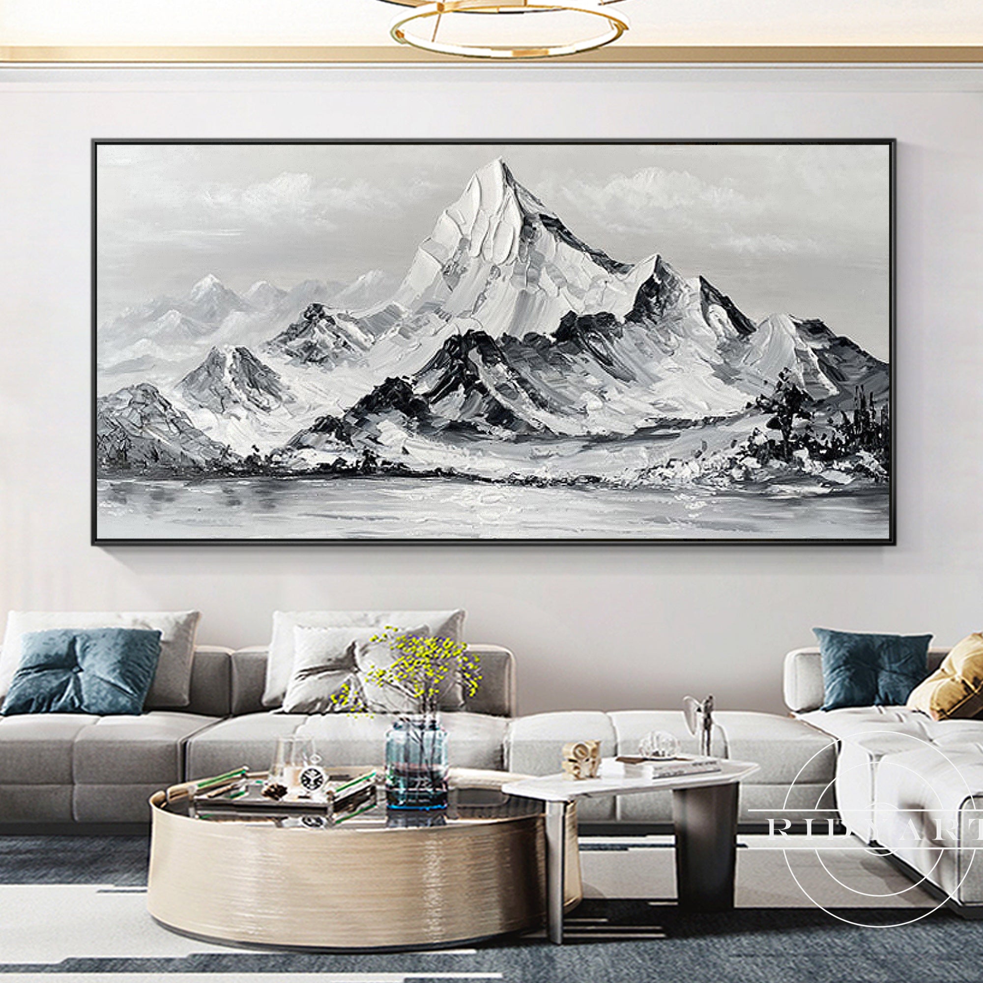 Modern mountain wall decor with textured brushstrokes