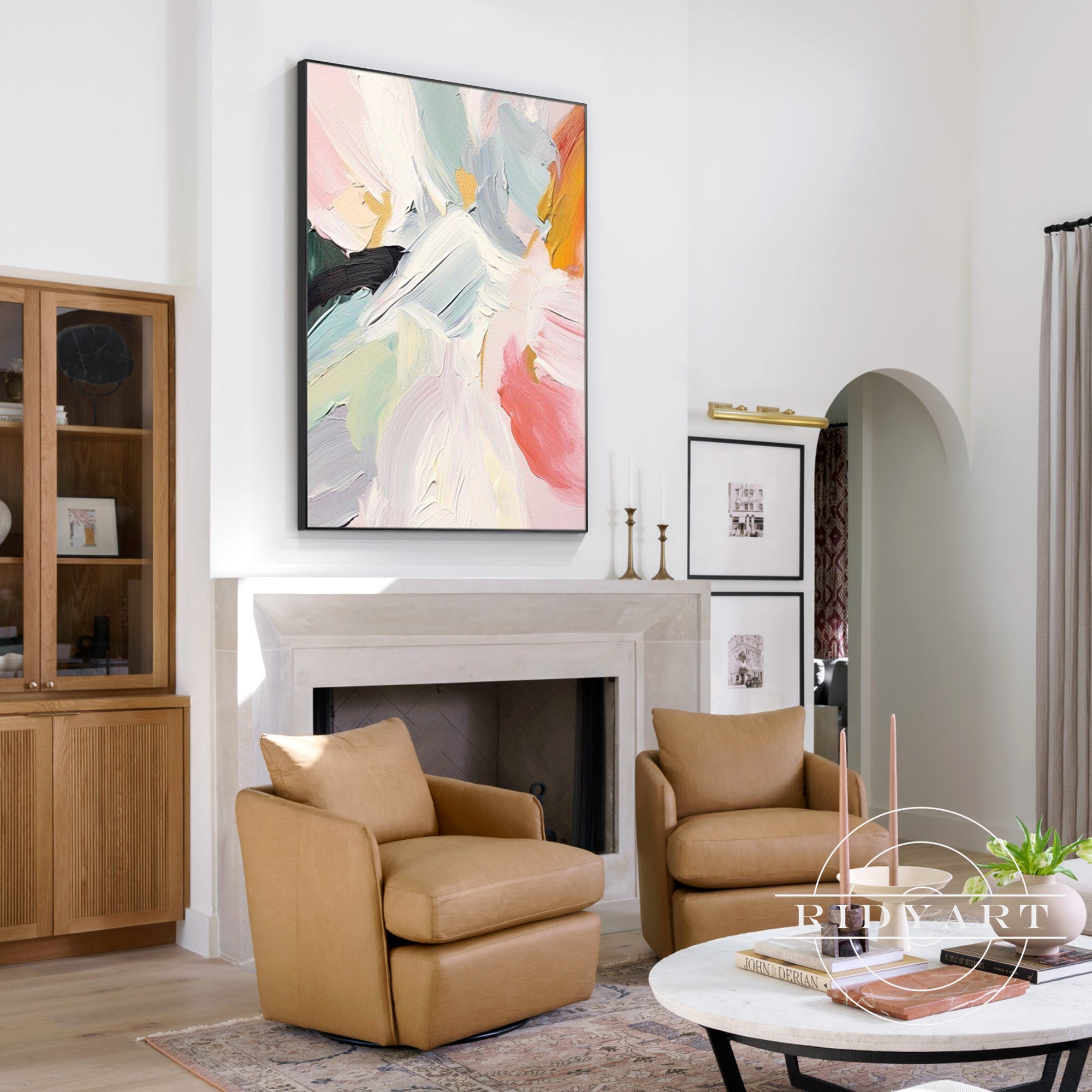 Extra-large original canvas painting in pink, blush, and gray hues.