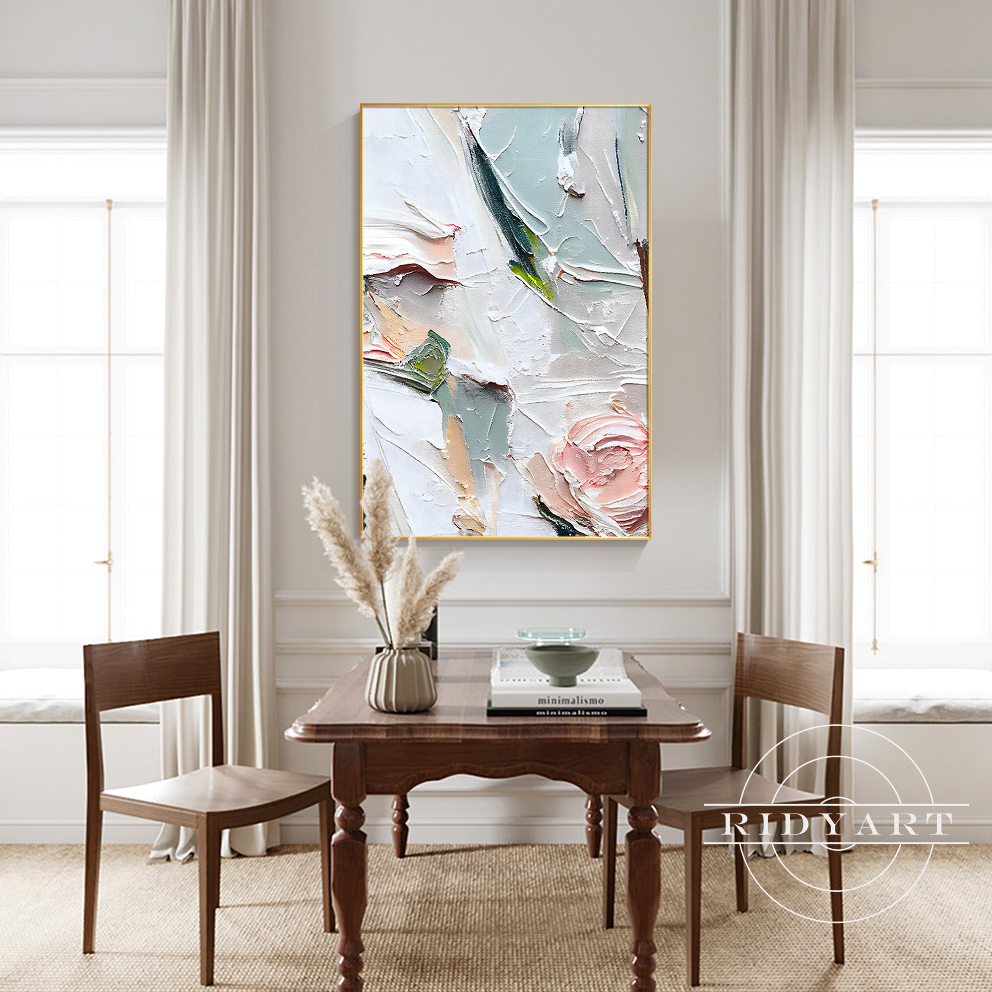 Vibrant pink rose abstract painting with mint green accents.