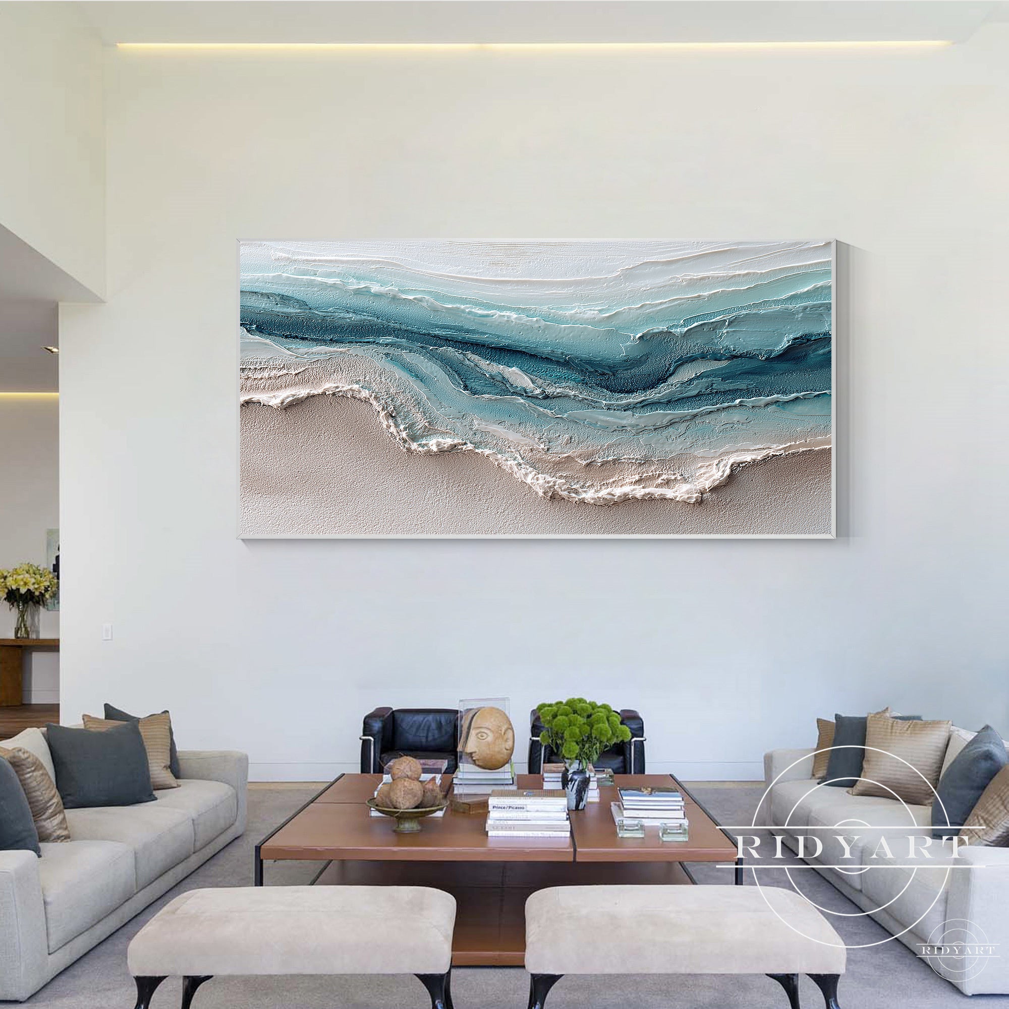 original turquoise blue and brown ocean canvas art