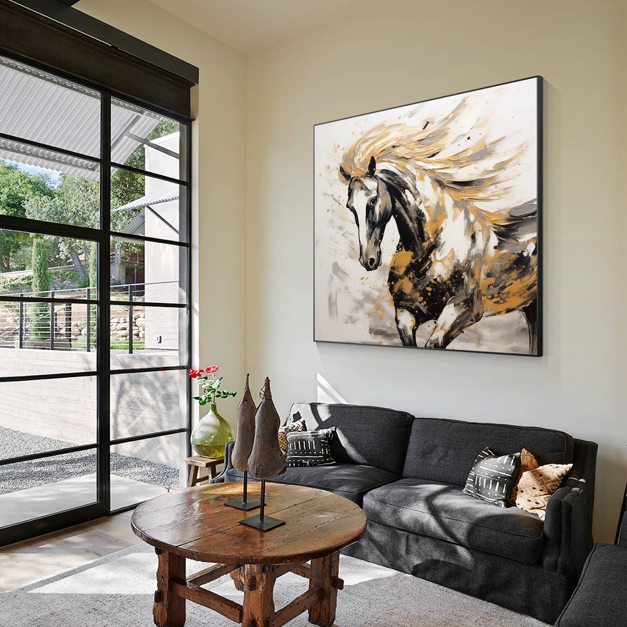 Black and gold running horse painting on canvas with metallic accents.