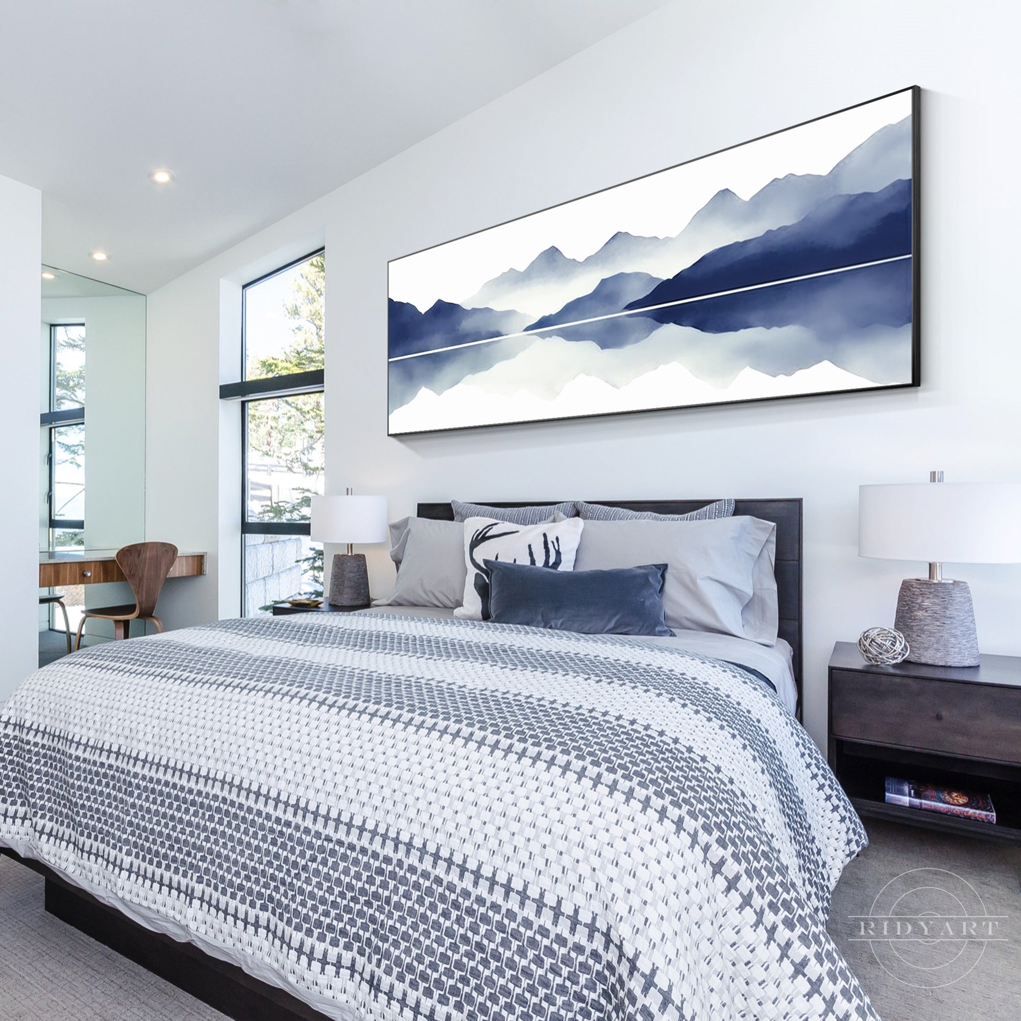 Blue mountain painting on canvas for horizontal wall decor.