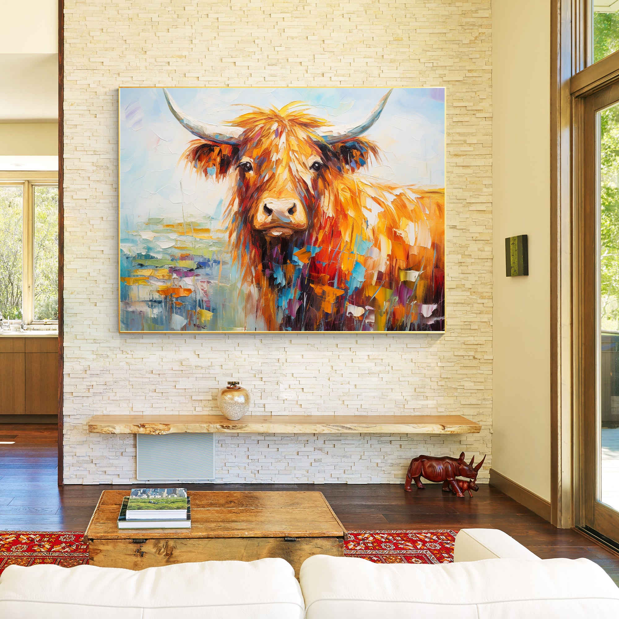 Bright colorful yak texture painting on canvas with vibrant colors.