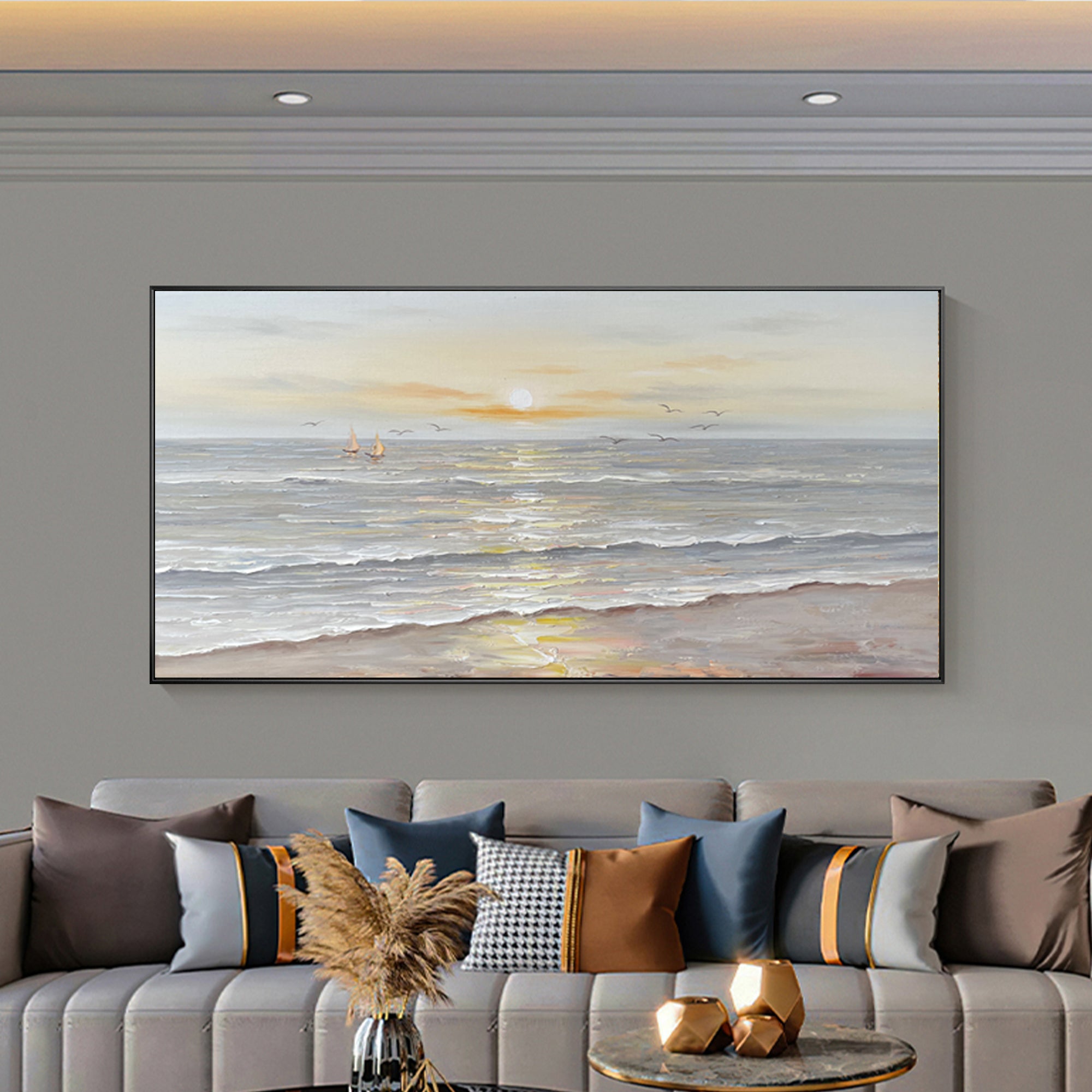 Coastal beach sunset landscape textured painting on canvas with warm colors.