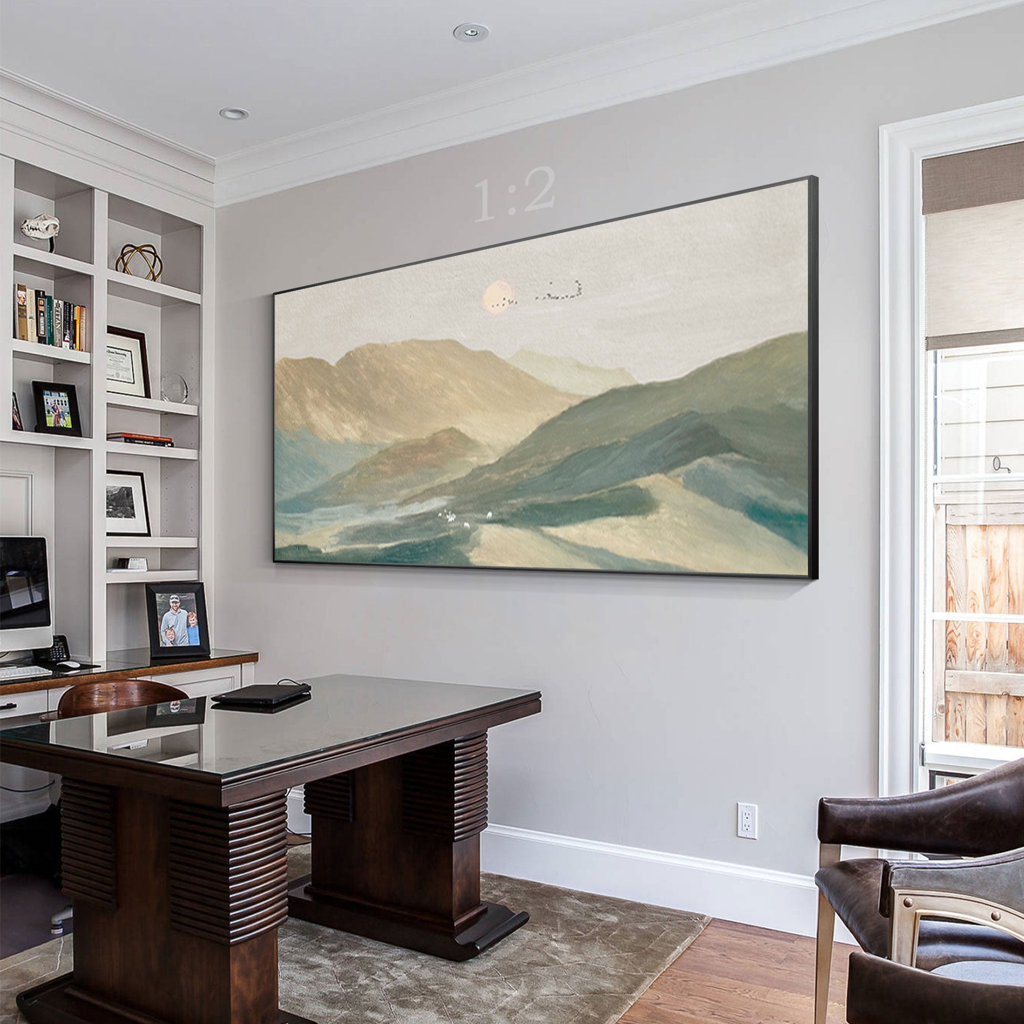 Mountain country landscape oil painting featuring a warm sunset in brown and green tones. Horizontal wall art for farmhouse or rustic living room decor.