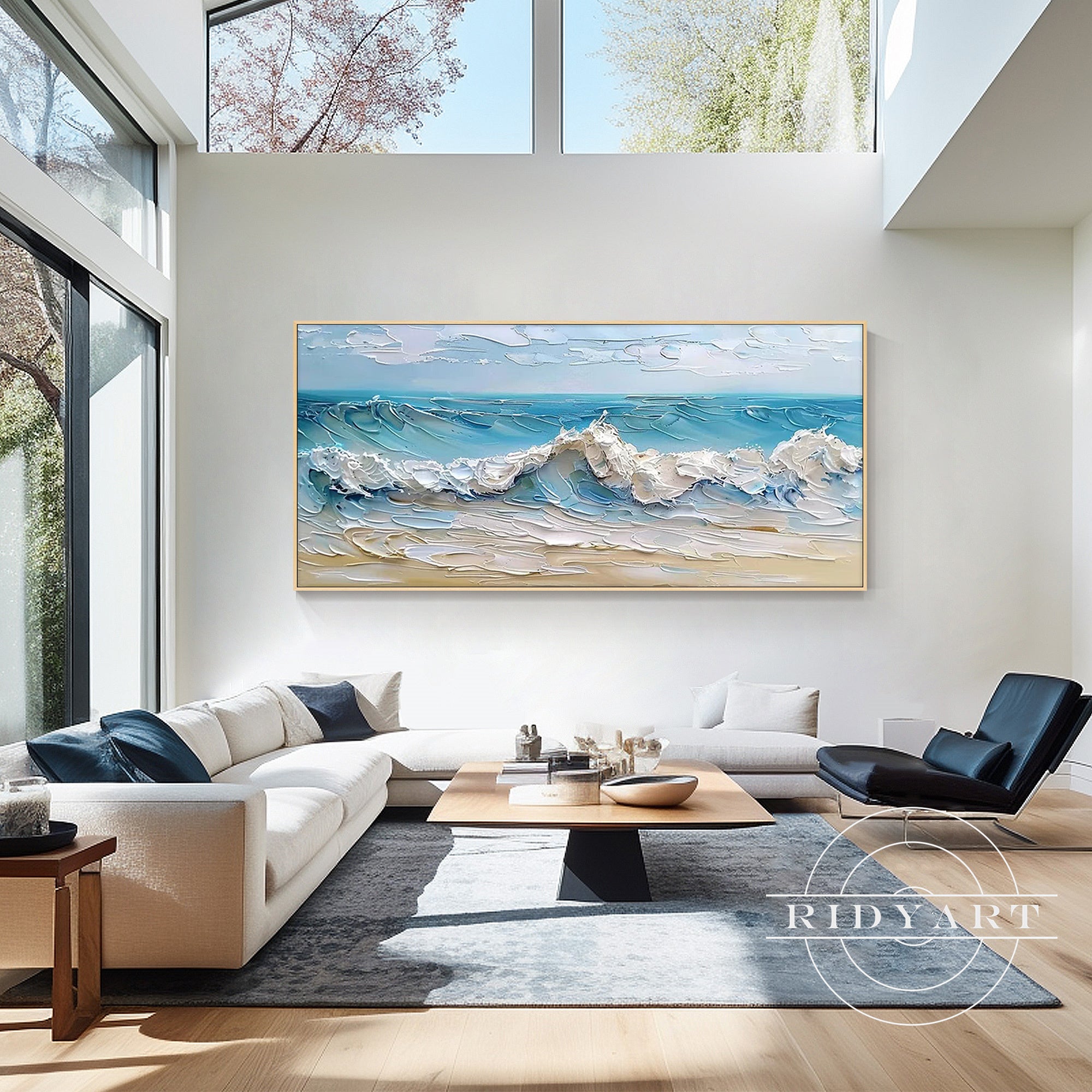 Oversized blue beige ocean painting for contemporary interiors