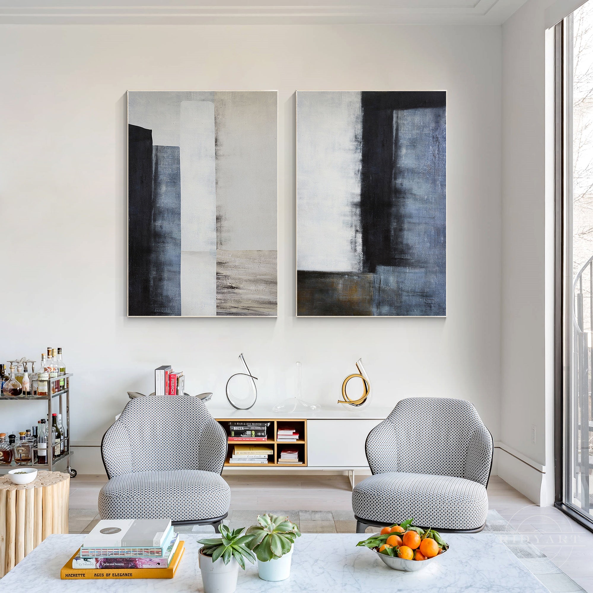 Blue and black abstract canvas painting set for bedroom