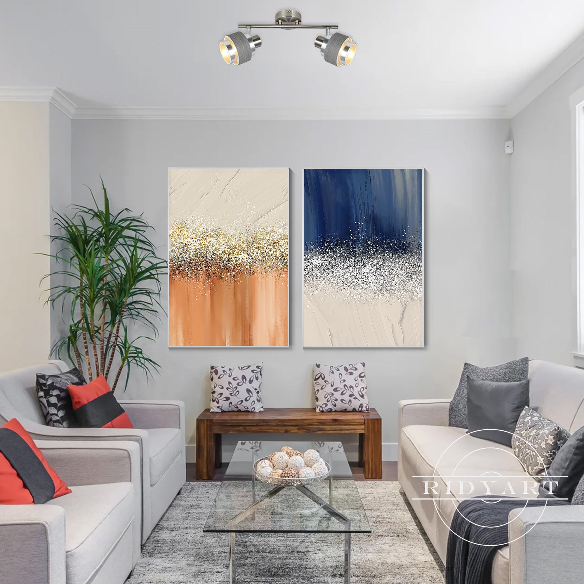 Oversized framed canvas art in navy blue and orange for living rooms