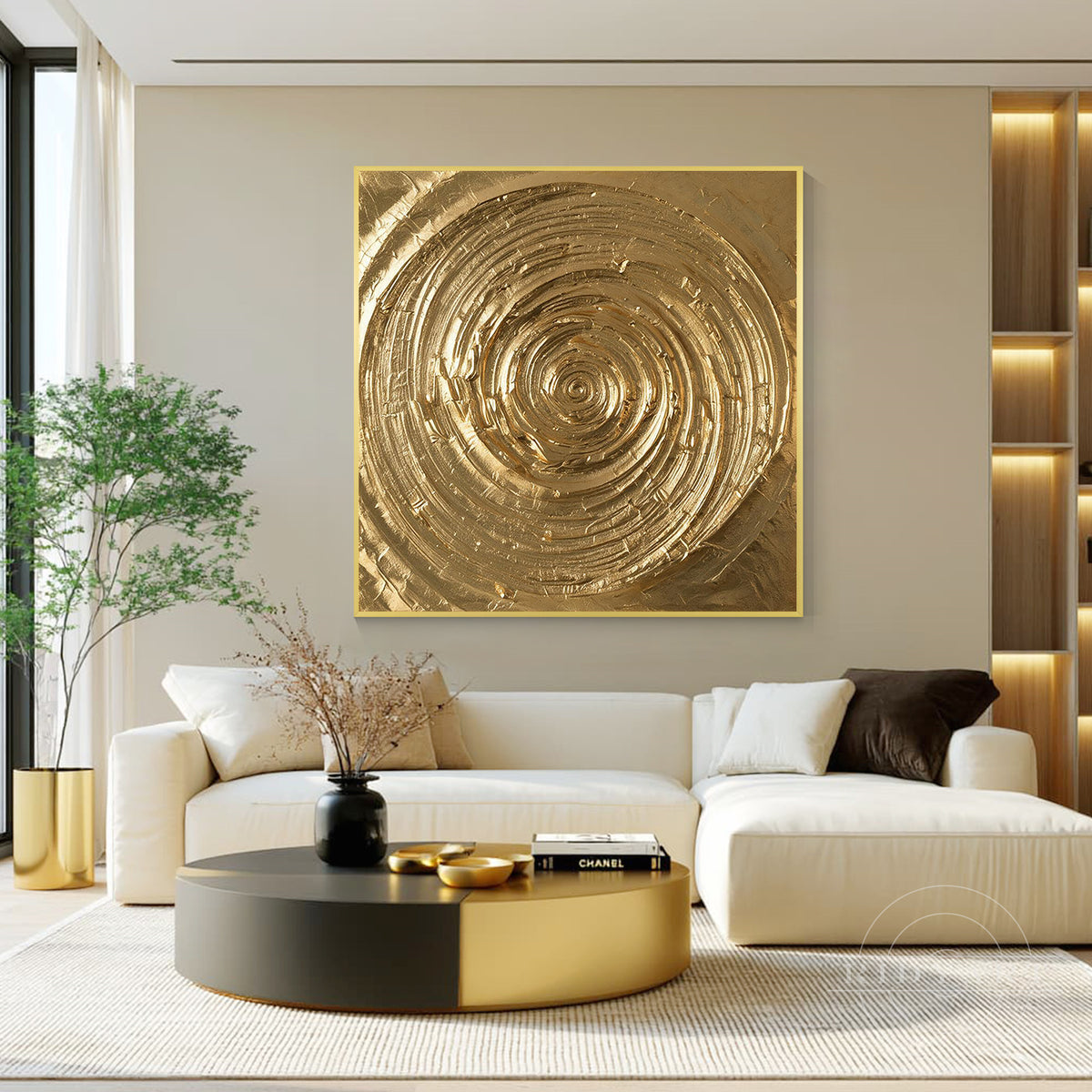 Oversized 3D relief gold swirl canvas art mounted above a modern minimalist sofa in a bright living room.