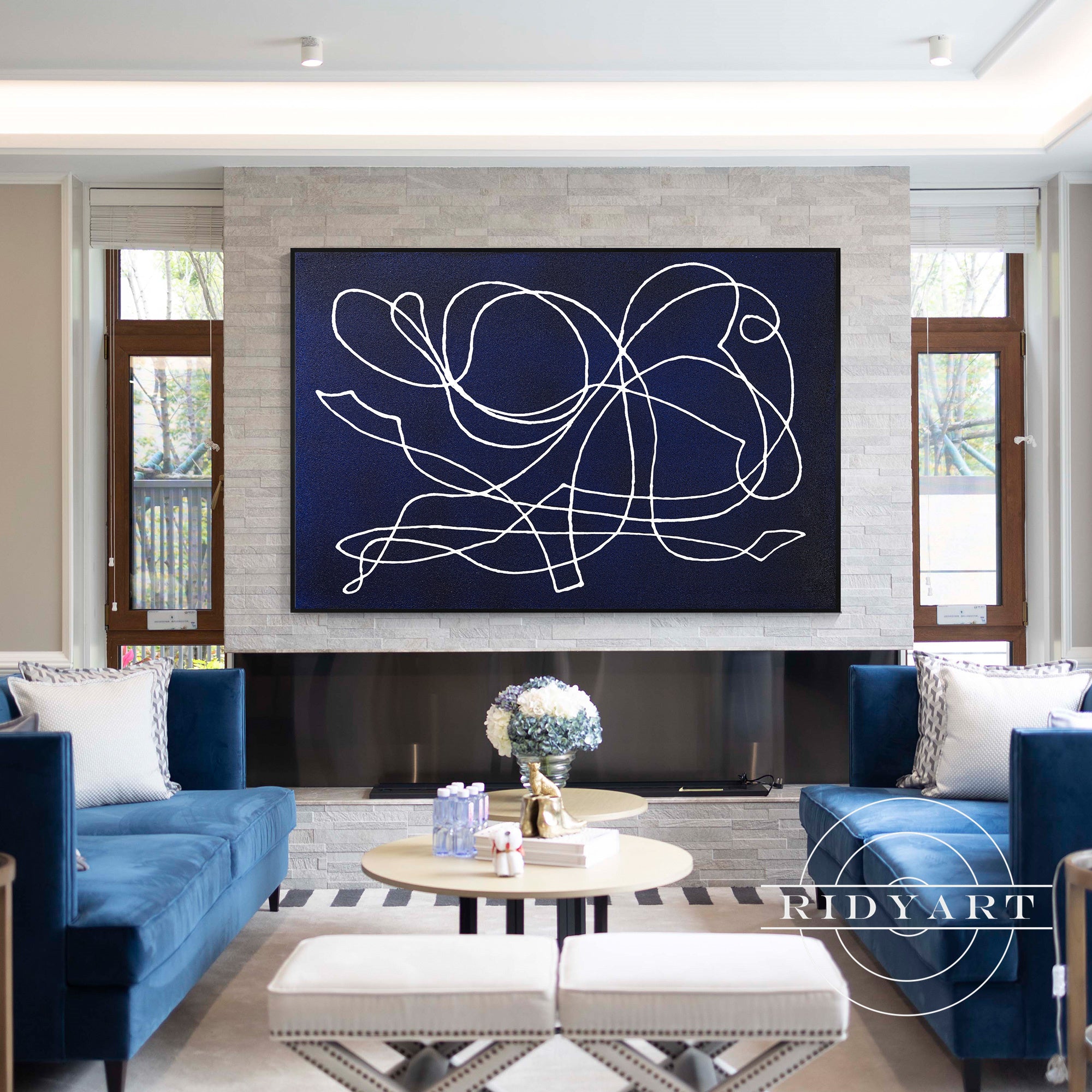 Contemporary navy blue wall art for living room