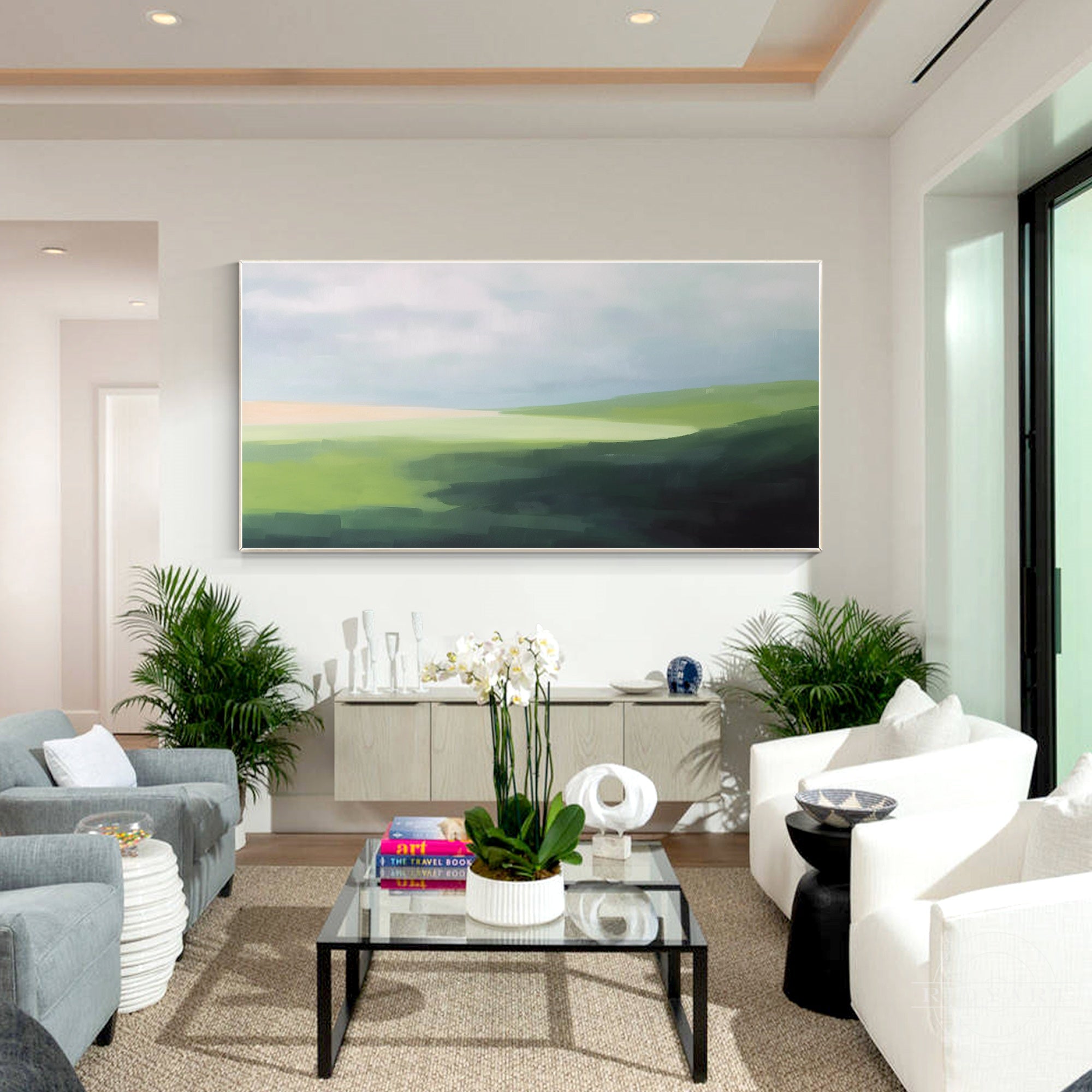Green mountain hills landscape painting on canvas.