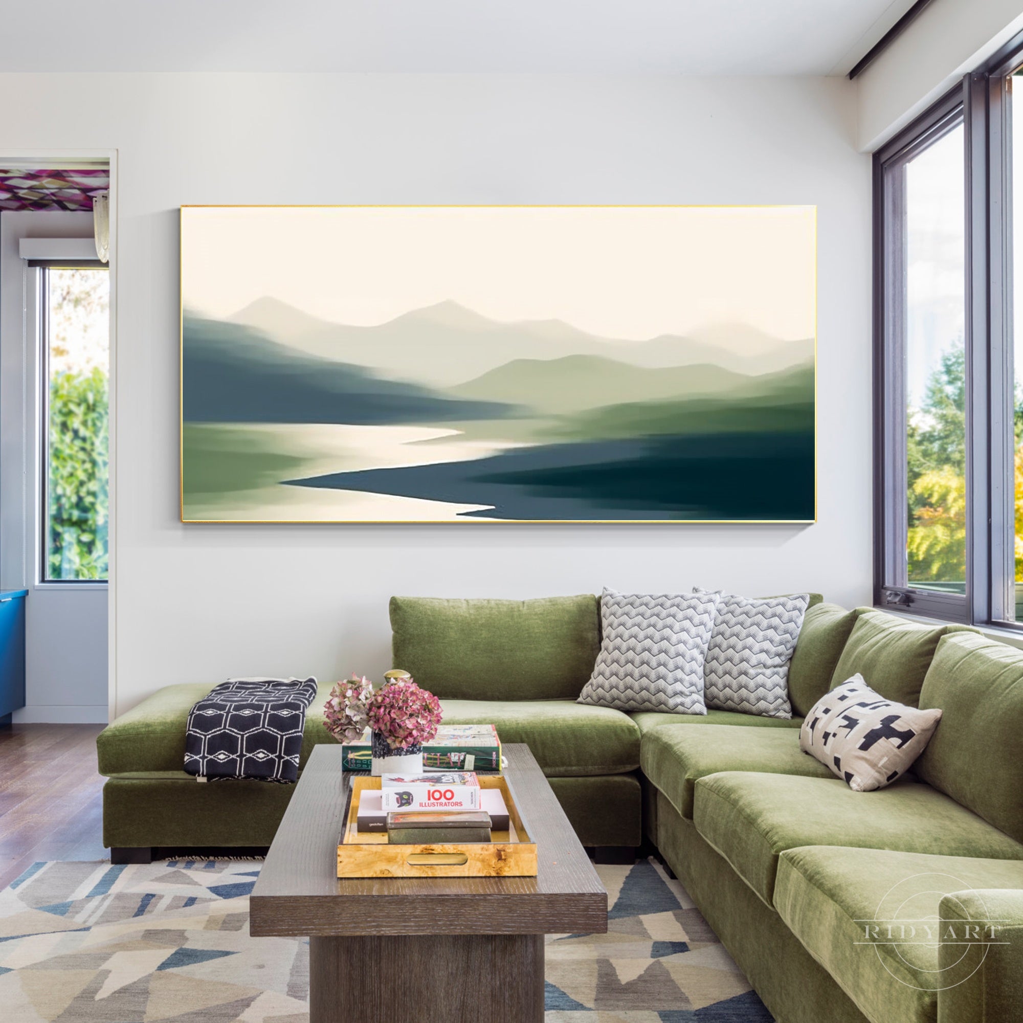 Gray green mountains abstract painting on canvas.
