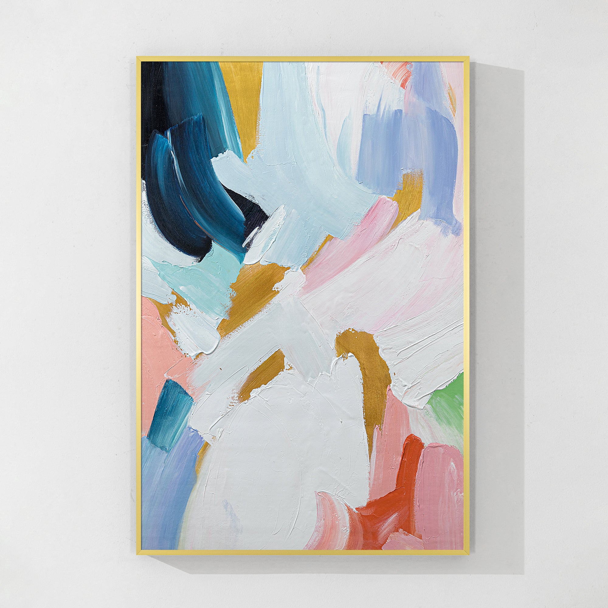 Extra-large colorful abstract wall art with blue and pink tones.