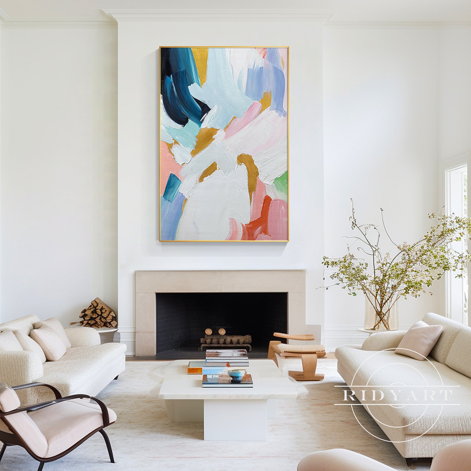 Colorful abstract flower painting in pastel tones for living room walls.