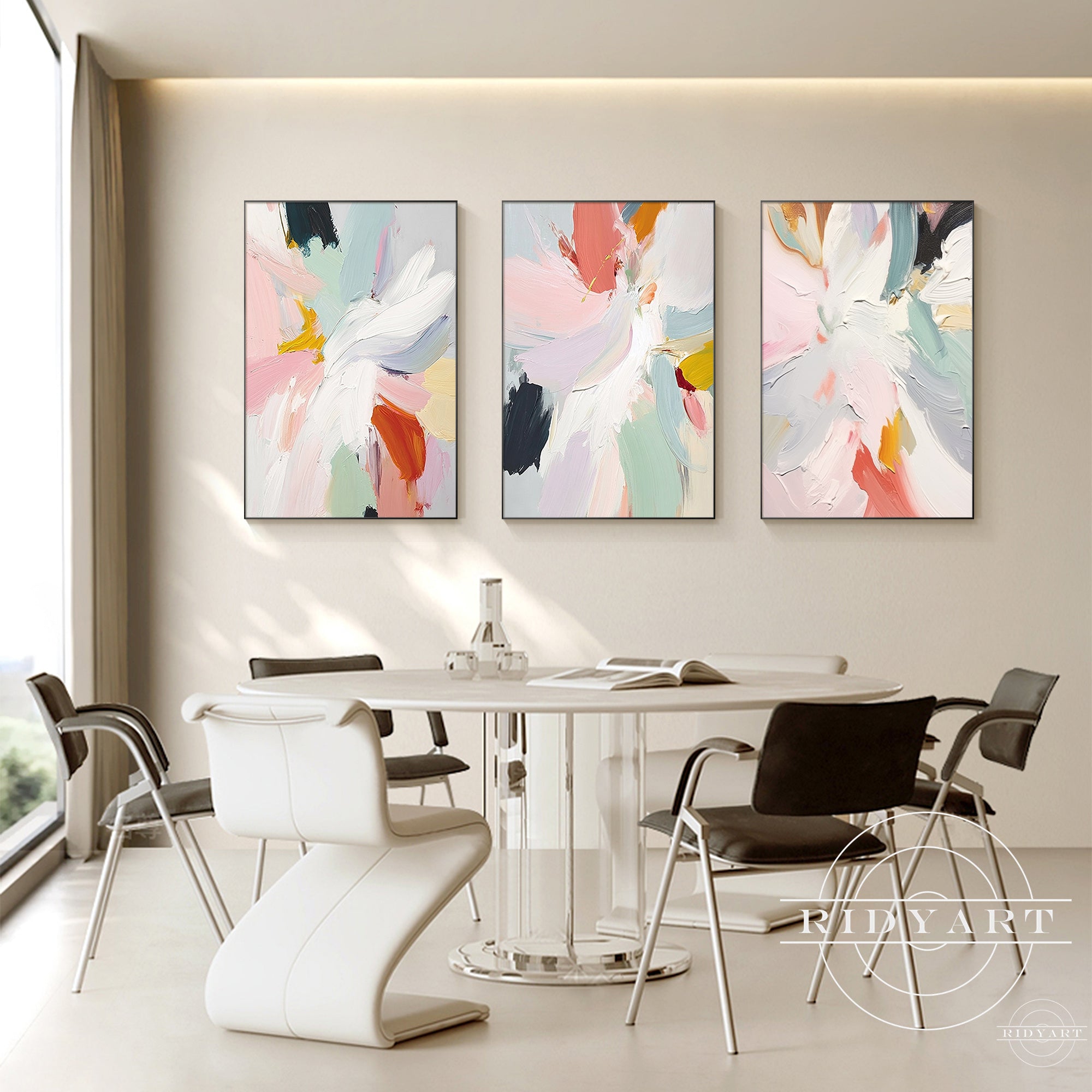 pastel flower abstract painting set of three
