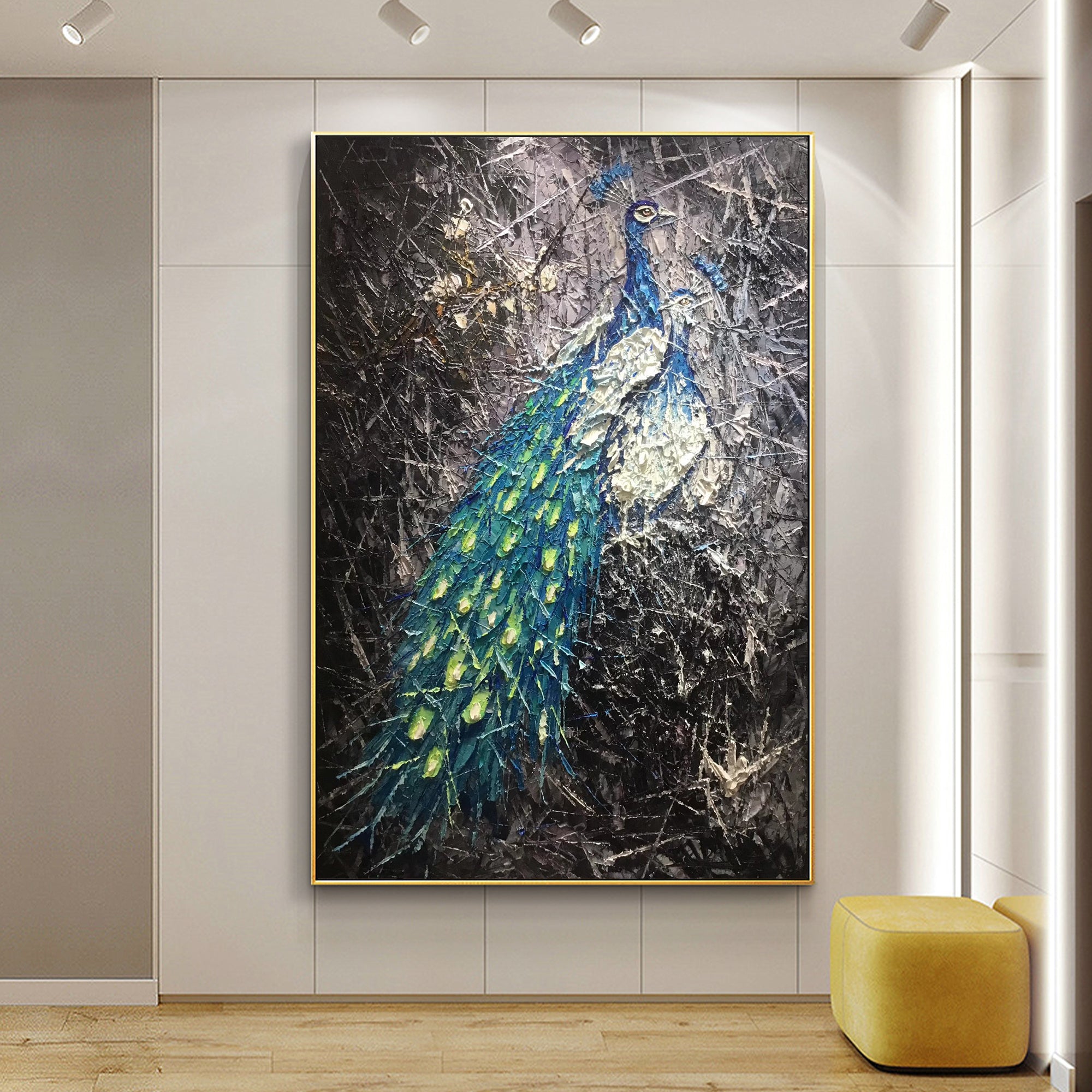 peacock wall decor in blue and green tones