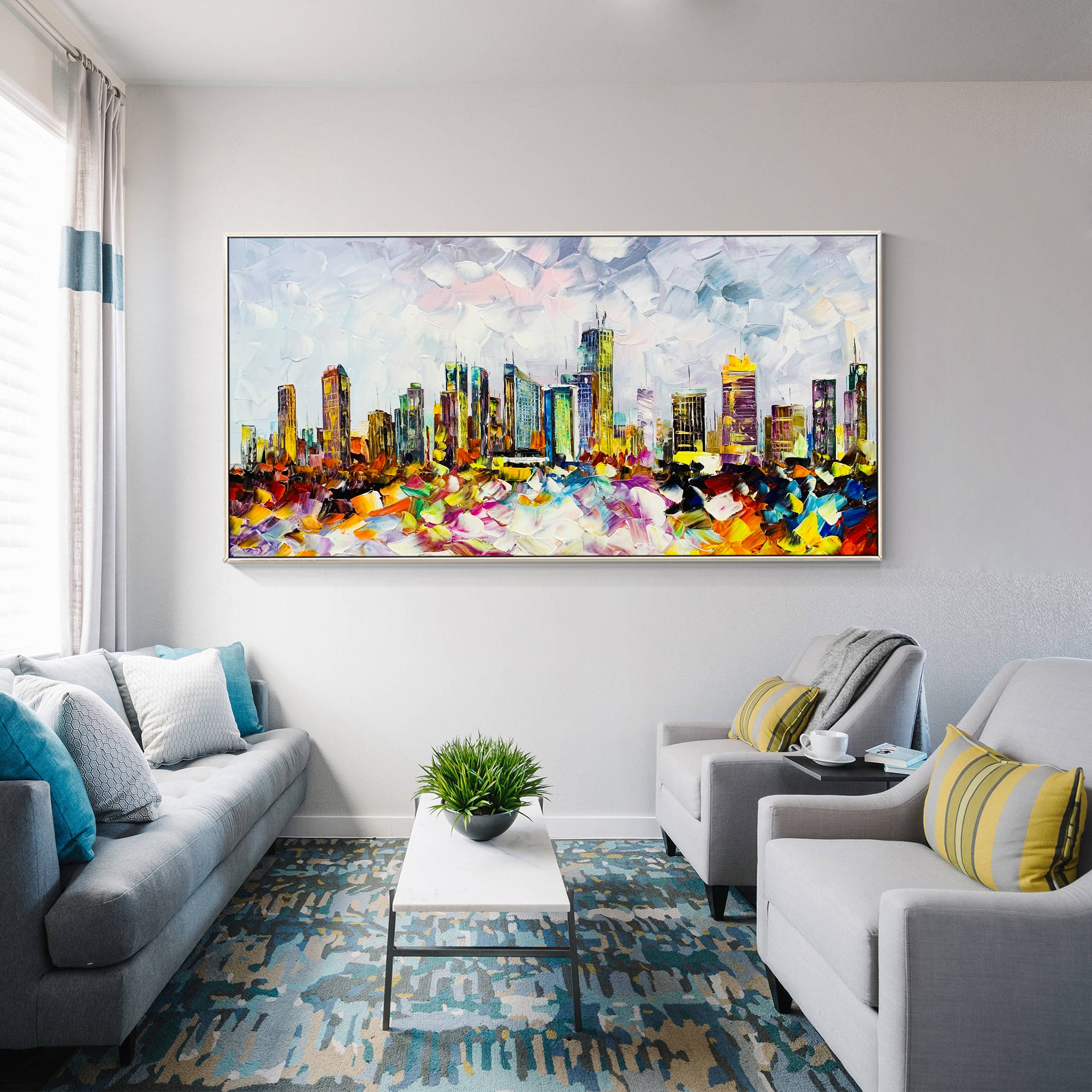 Philadelphia skyline oil painting with textured details