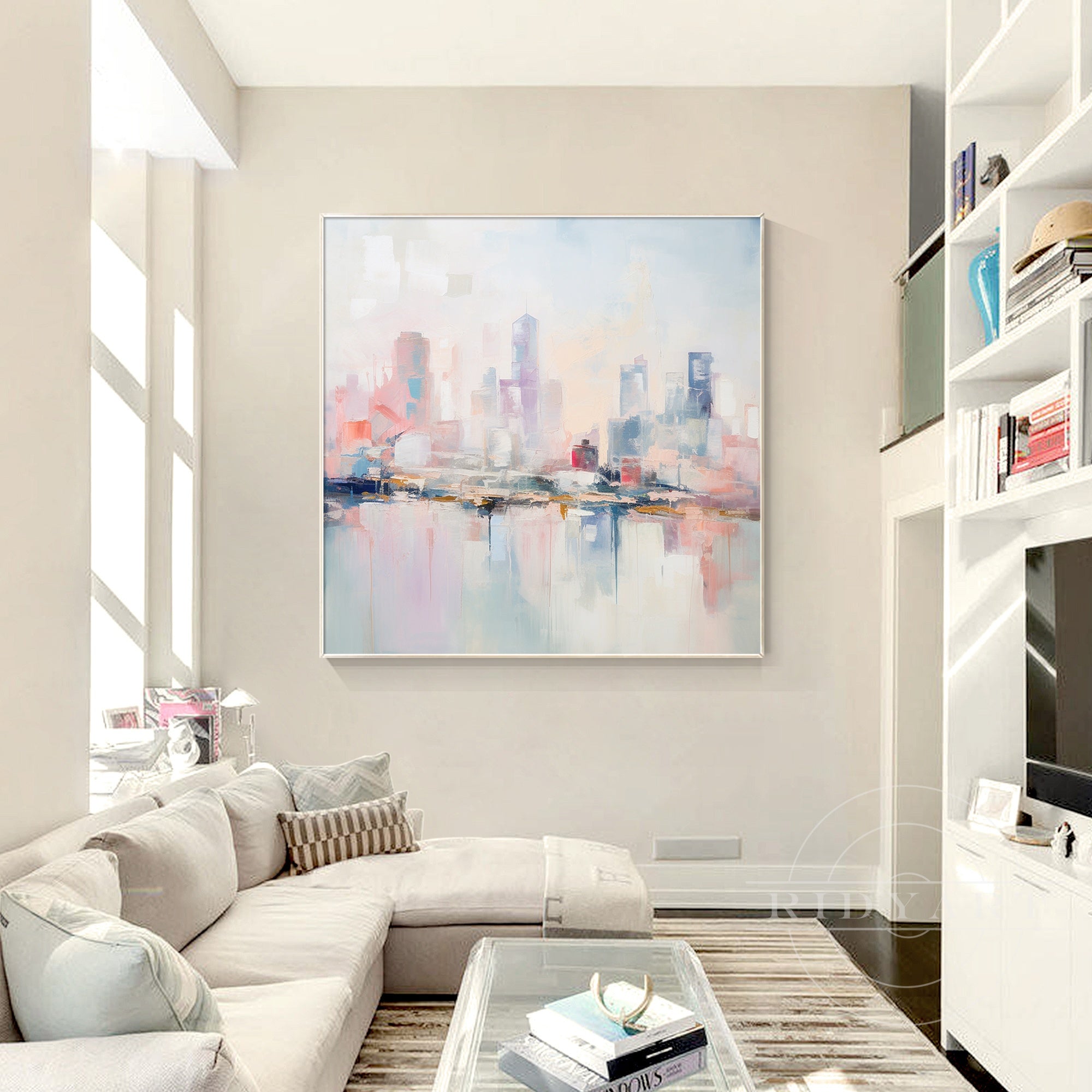 Pink and blue cityscape wall art painting for modern living room decor