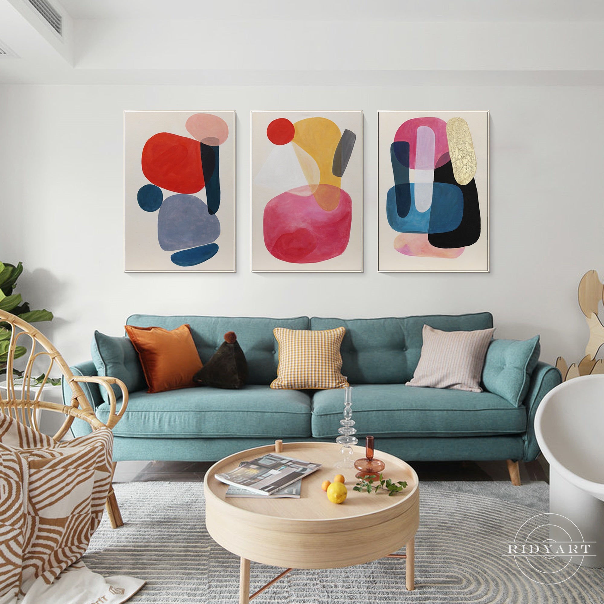 Framed pink and red abstract wall art set