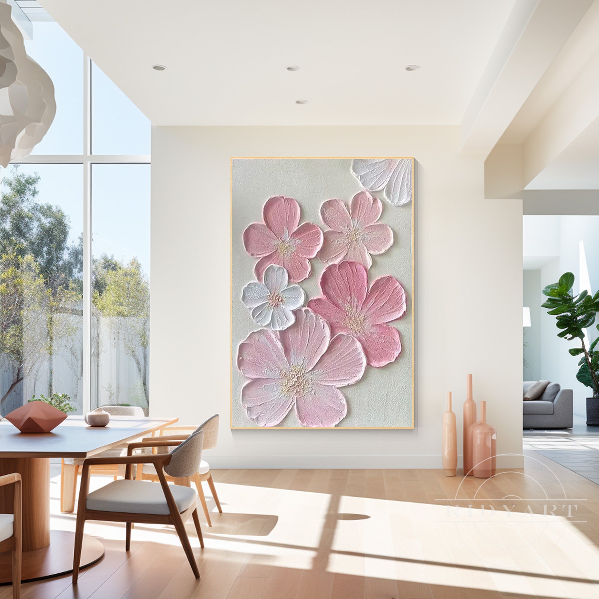 Pink and white textured flower painting for large living room