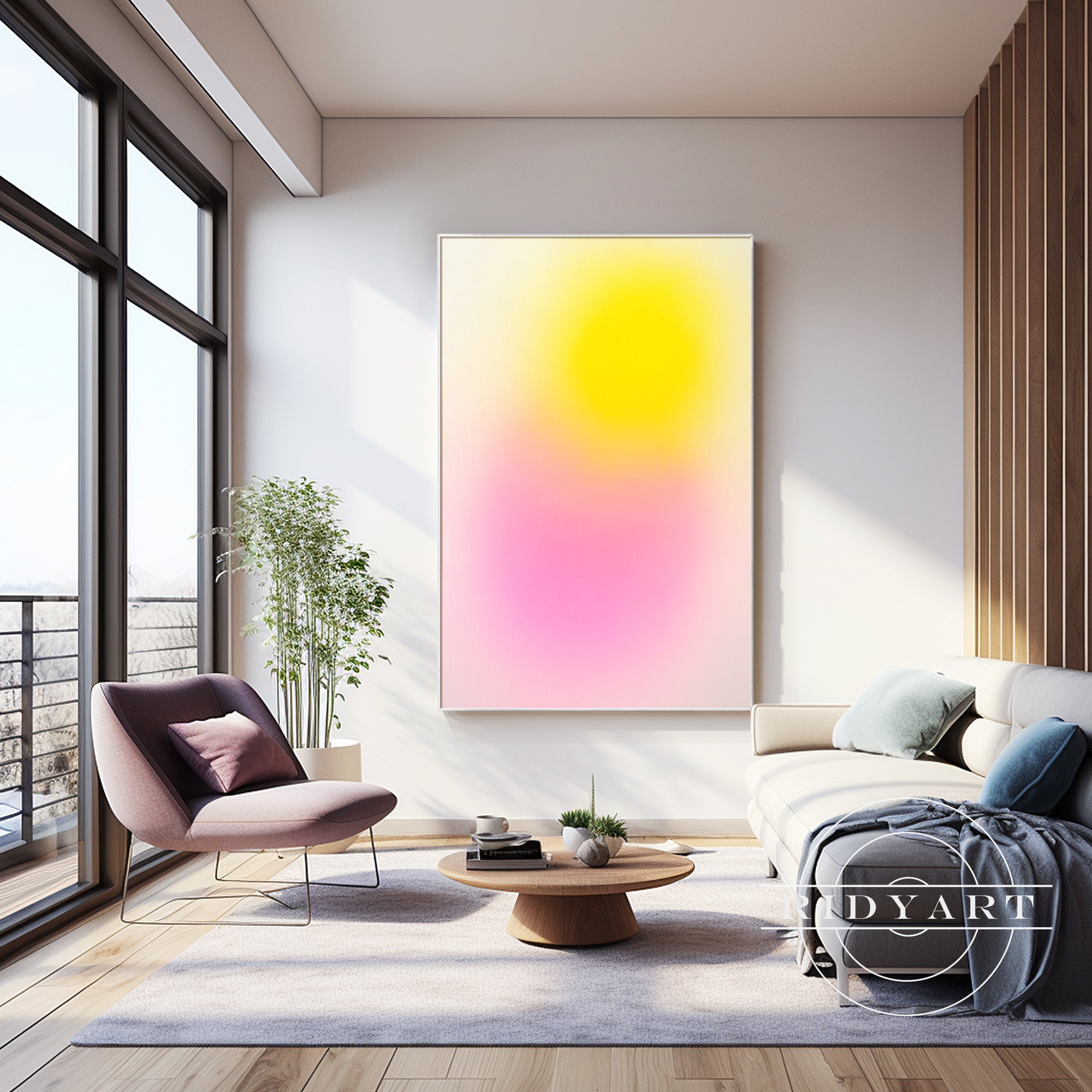Hand-painted pink yellow gradient canvas wall art