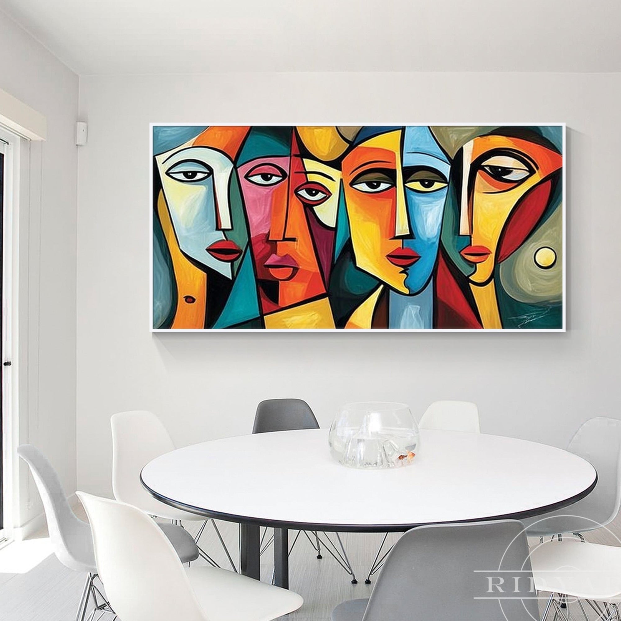 Large Abstract Faces Canvas Wall Art – Hand-Painted Colorful Cubist Portrait for Modern Living Room Decor