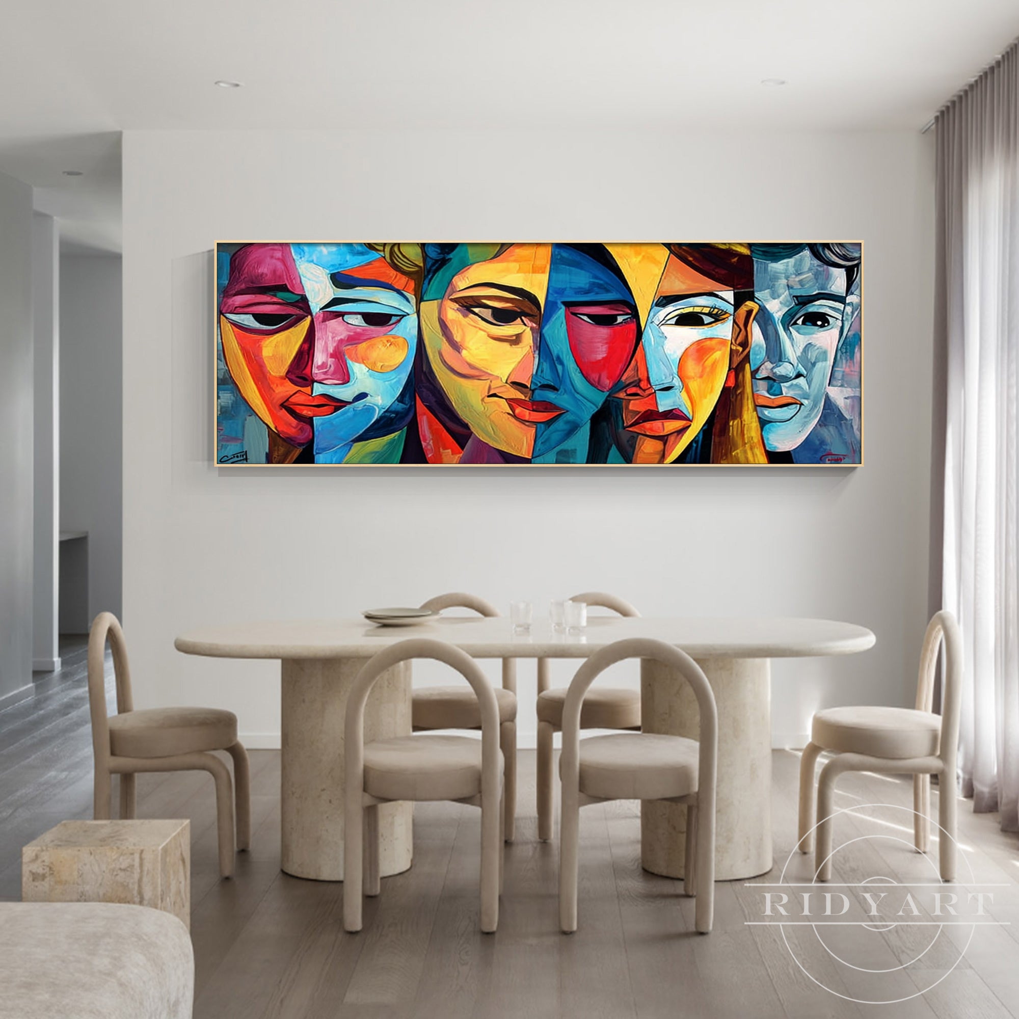 100% hand-painted cubist abstract oil painting with 5 colorful faces on a canvas.