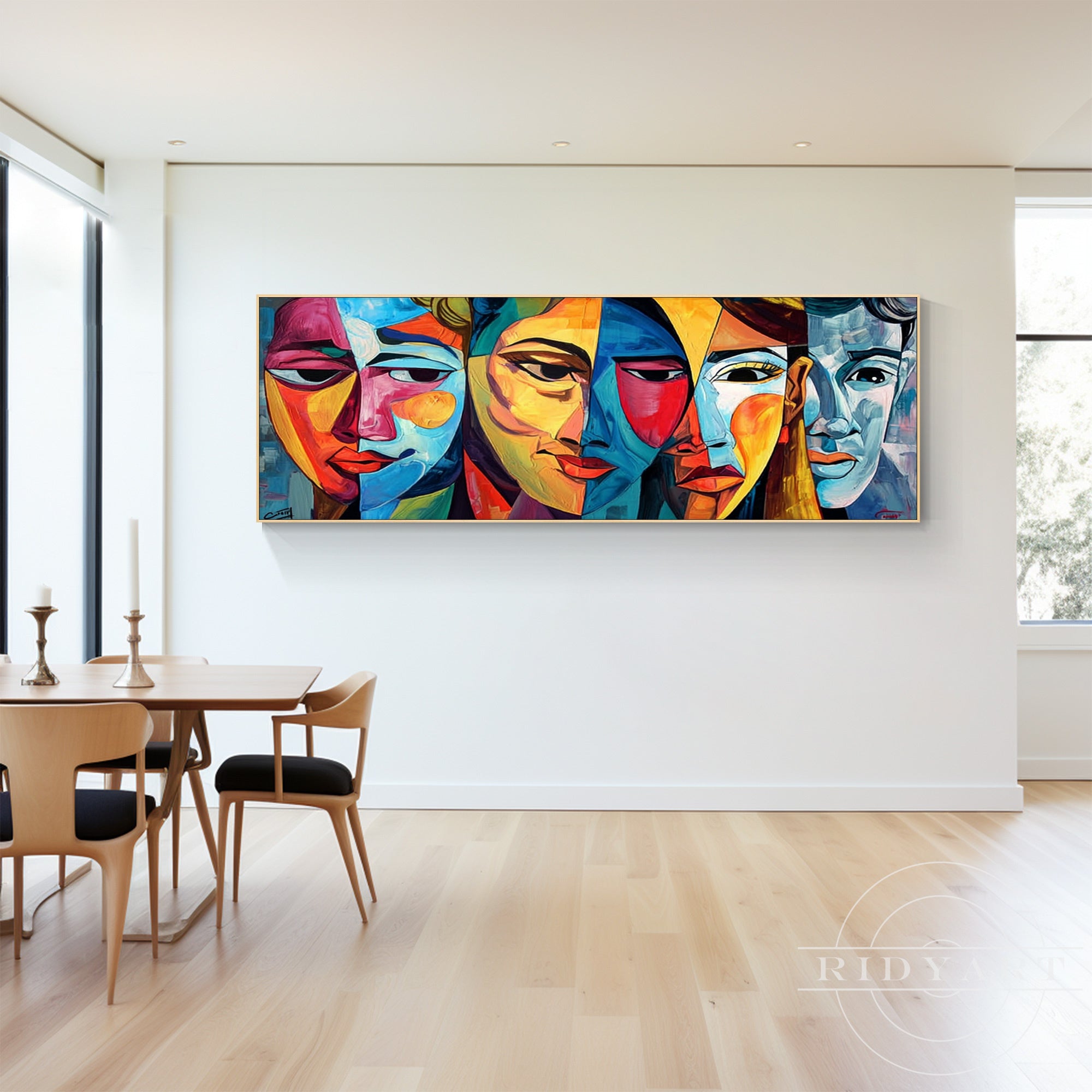 Original hand-painted panoramic wall art featuring textured geometric portraits.