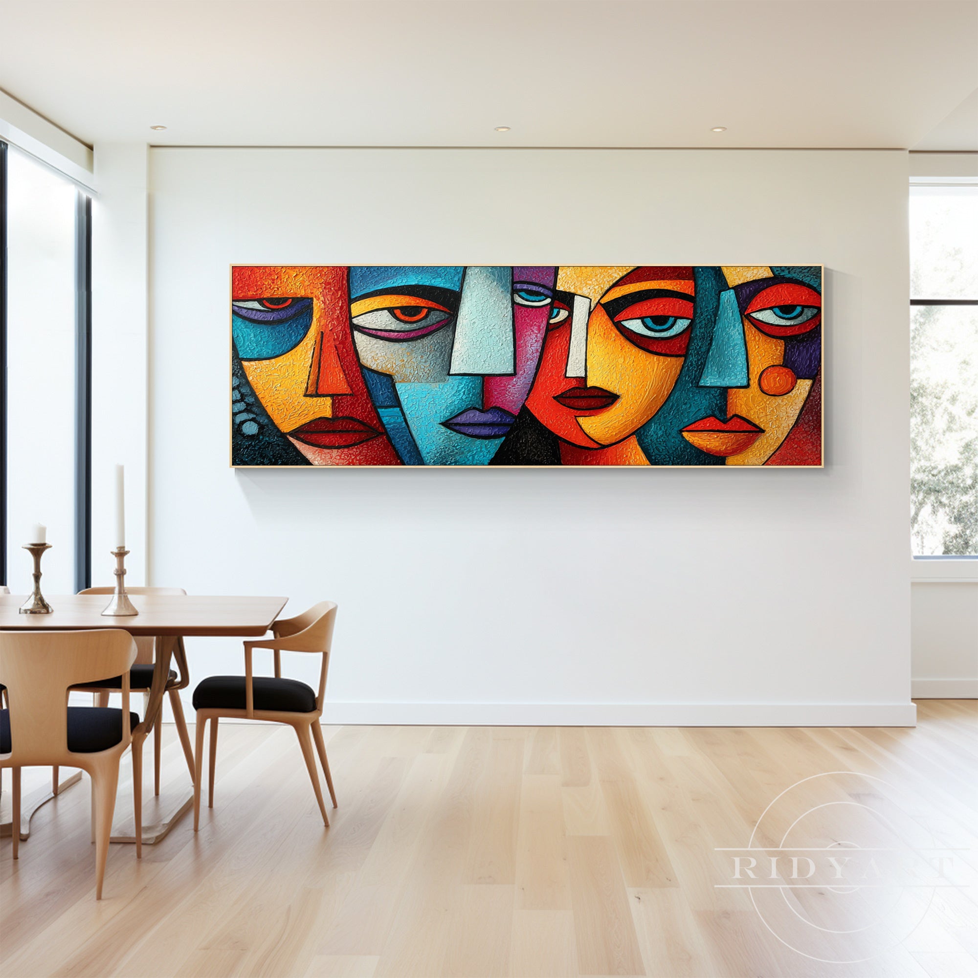 Original hand-painted panoramic canvas art of textured geometric portraits.