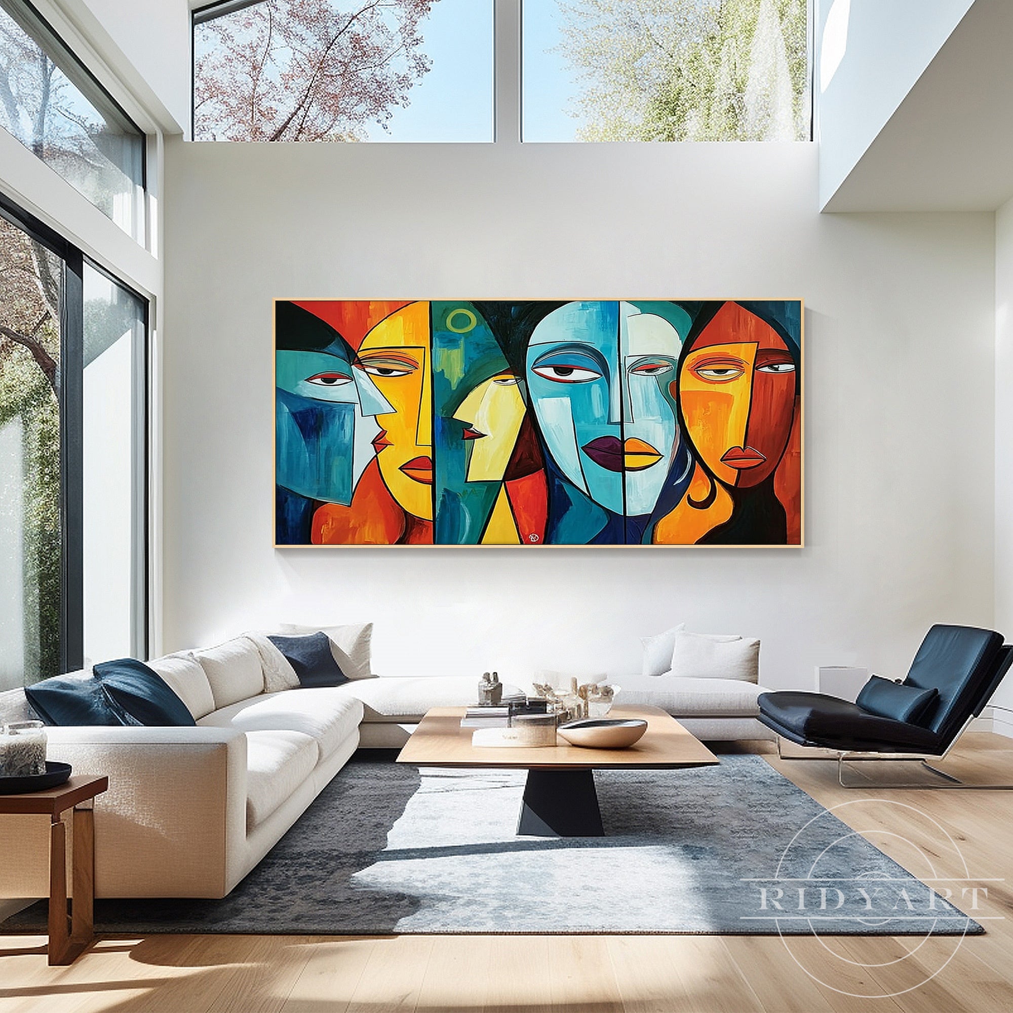 Modern cubist portrait wall art with colorful abstract faces for contemporary home and office decor.