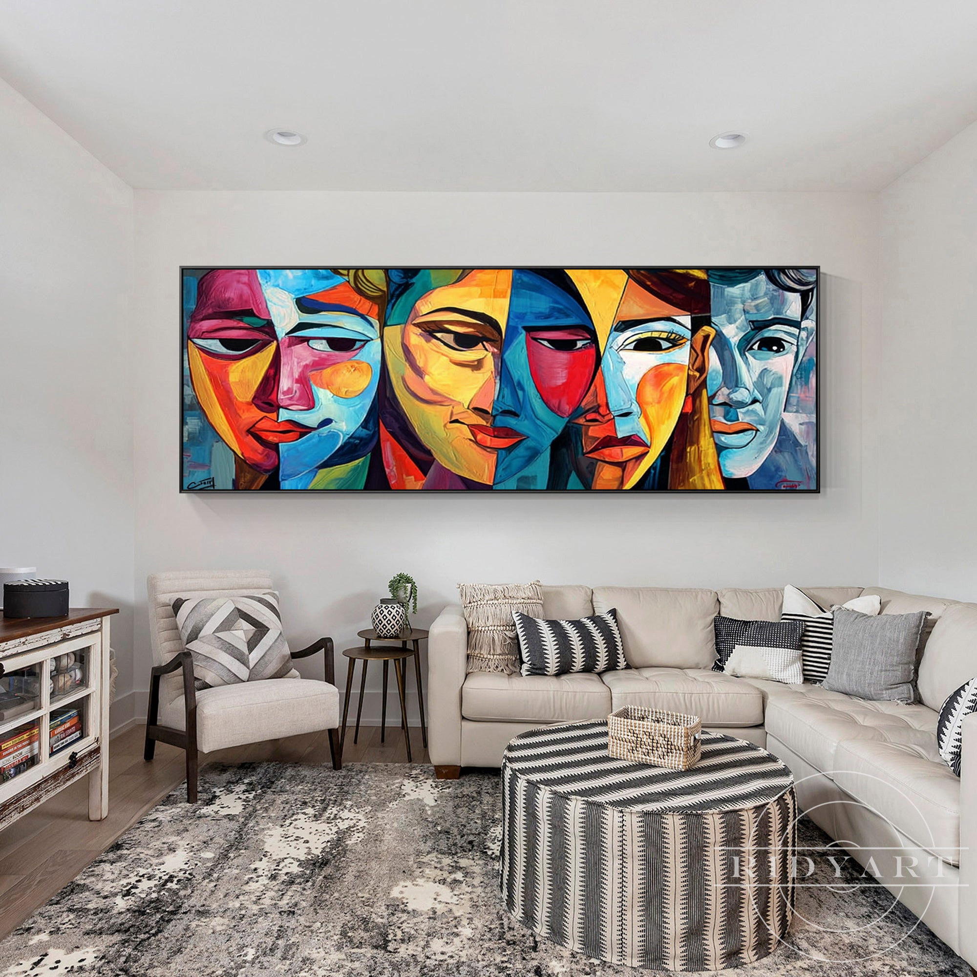Texture-rich handcrafted cubist painting, horizontal modern abstract wall decor.