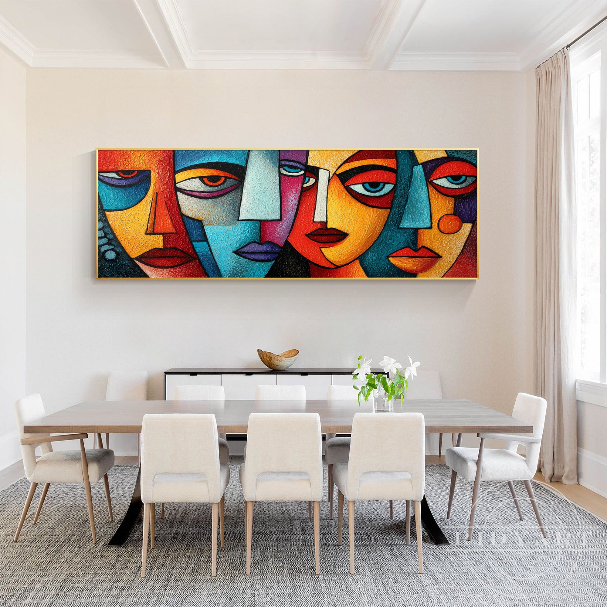Textured hand-painted panoramic wall art featuring vibrant geometric faces.