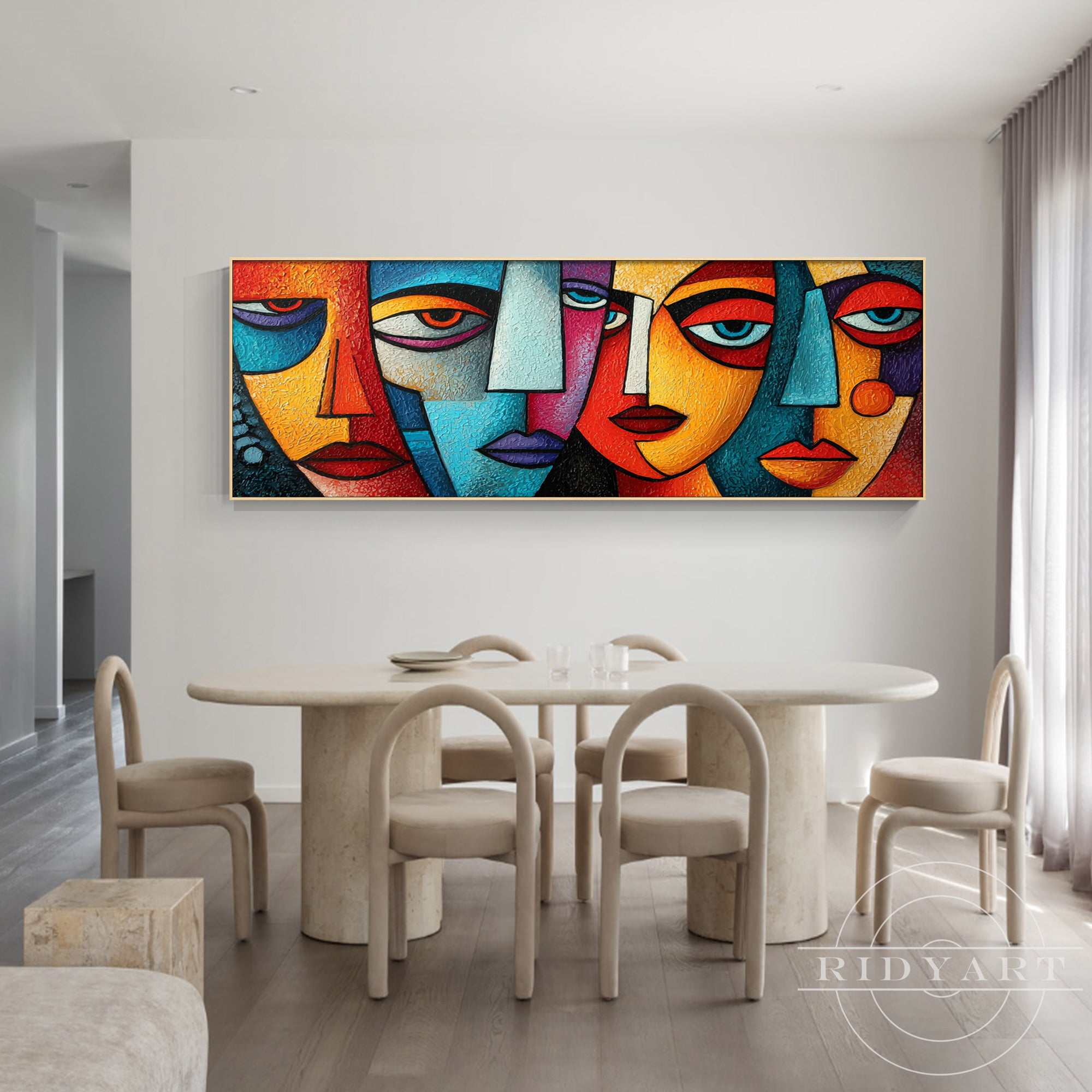 Hand-painted horizontal abstract portrait art, thick texture canvas for decor.