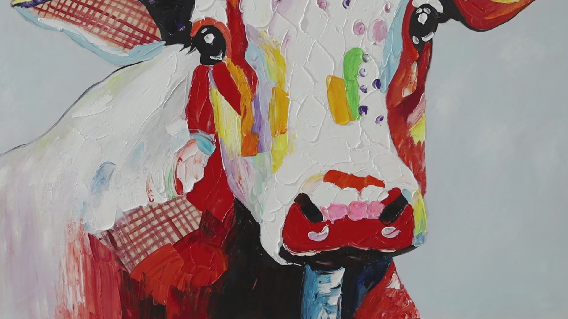 Modern colorful cow oil painting with textured brushstrokes for wall decor.