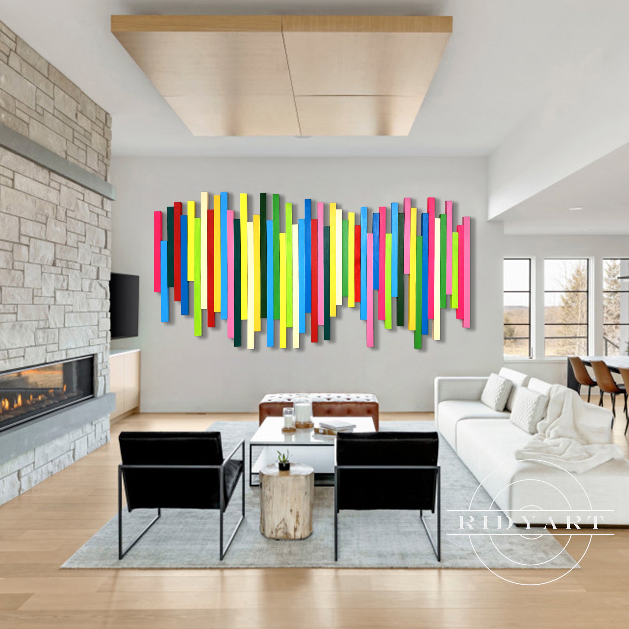 Rainbow colorful wood slat wall art with sound wave pattern