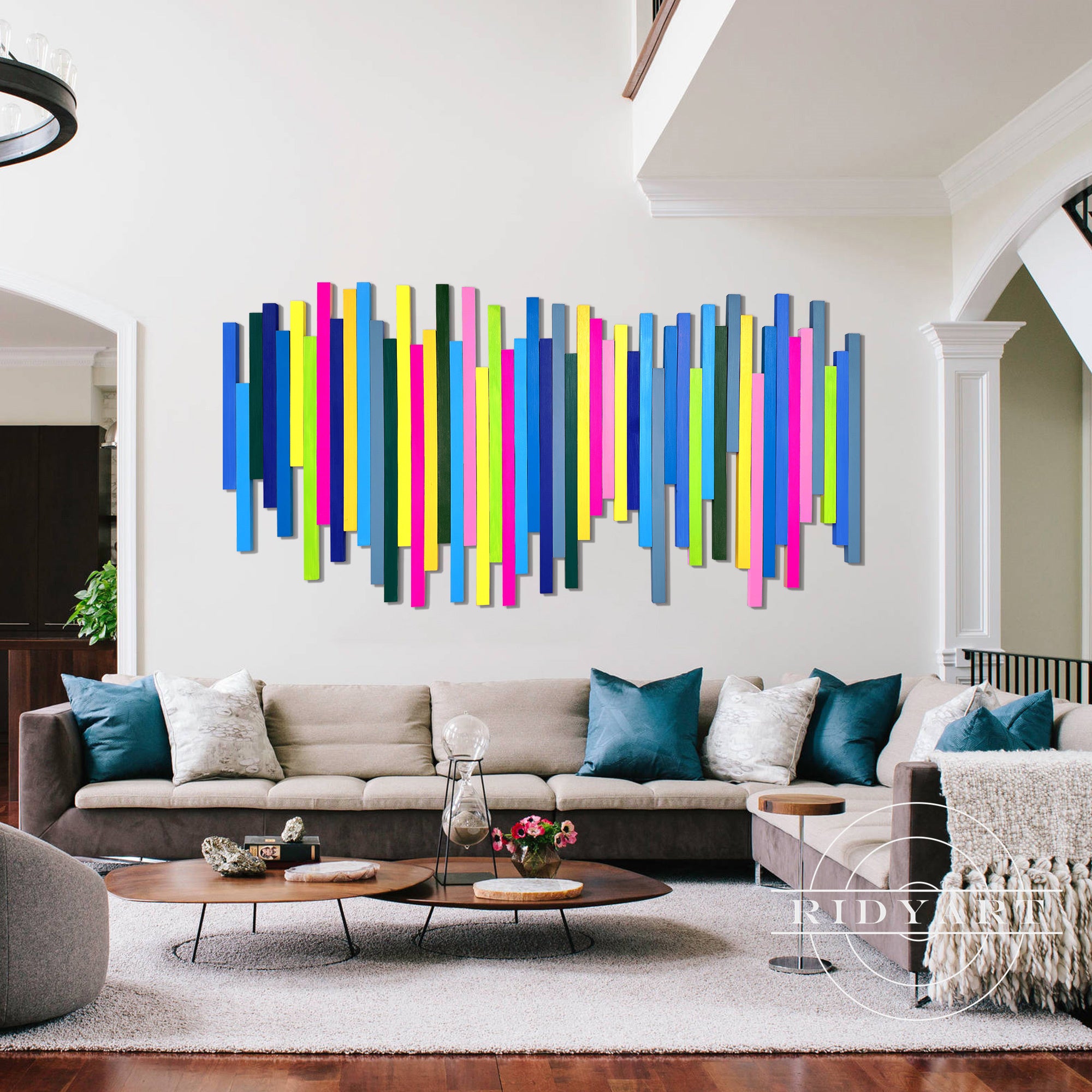 Large slat wall art with colorful wave design