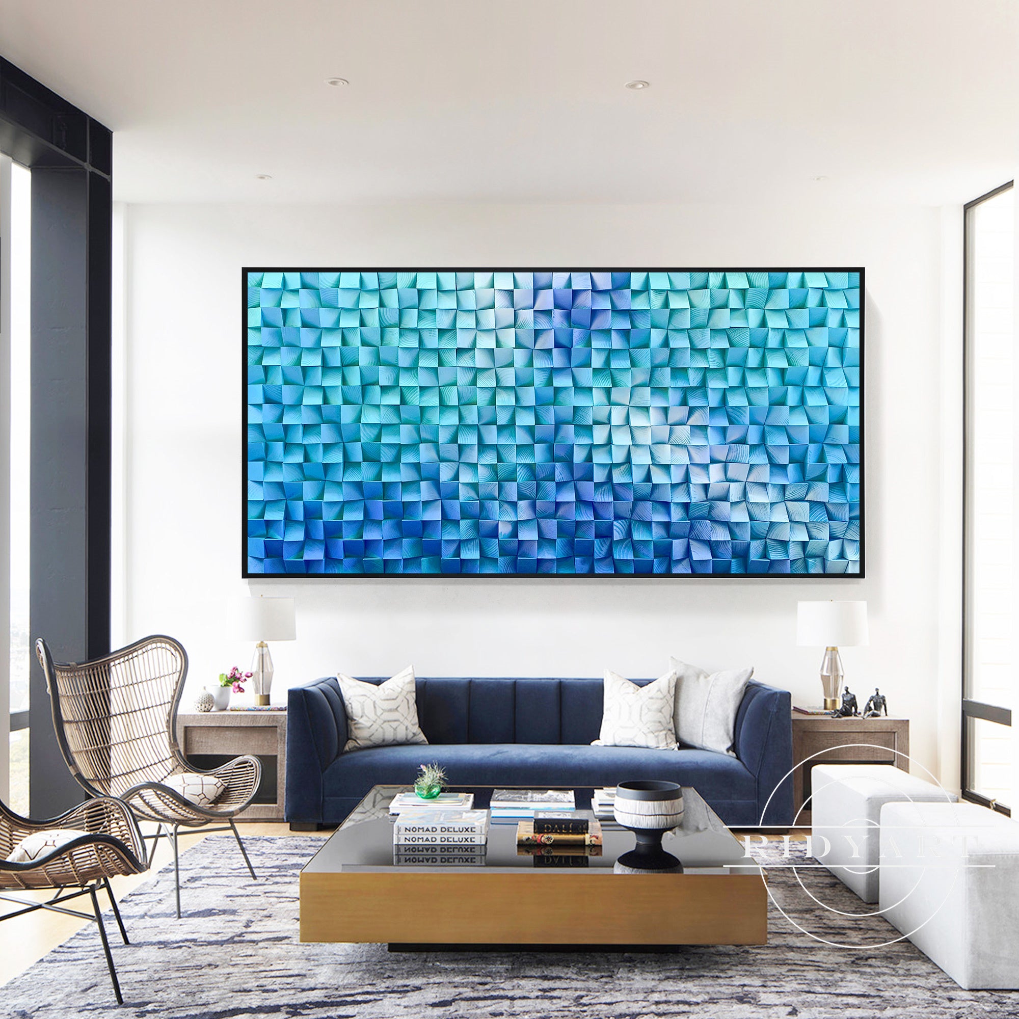Reclaimed wood wall decor in teal and blue gradient