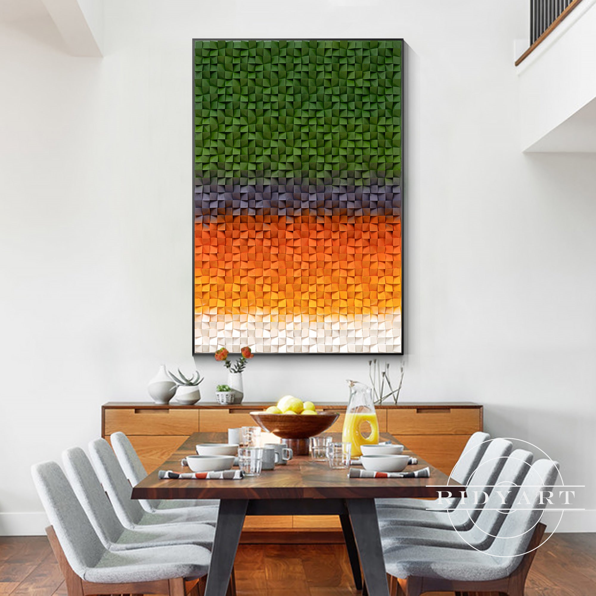 Abstract reclaimed wood wall decor in bold tones