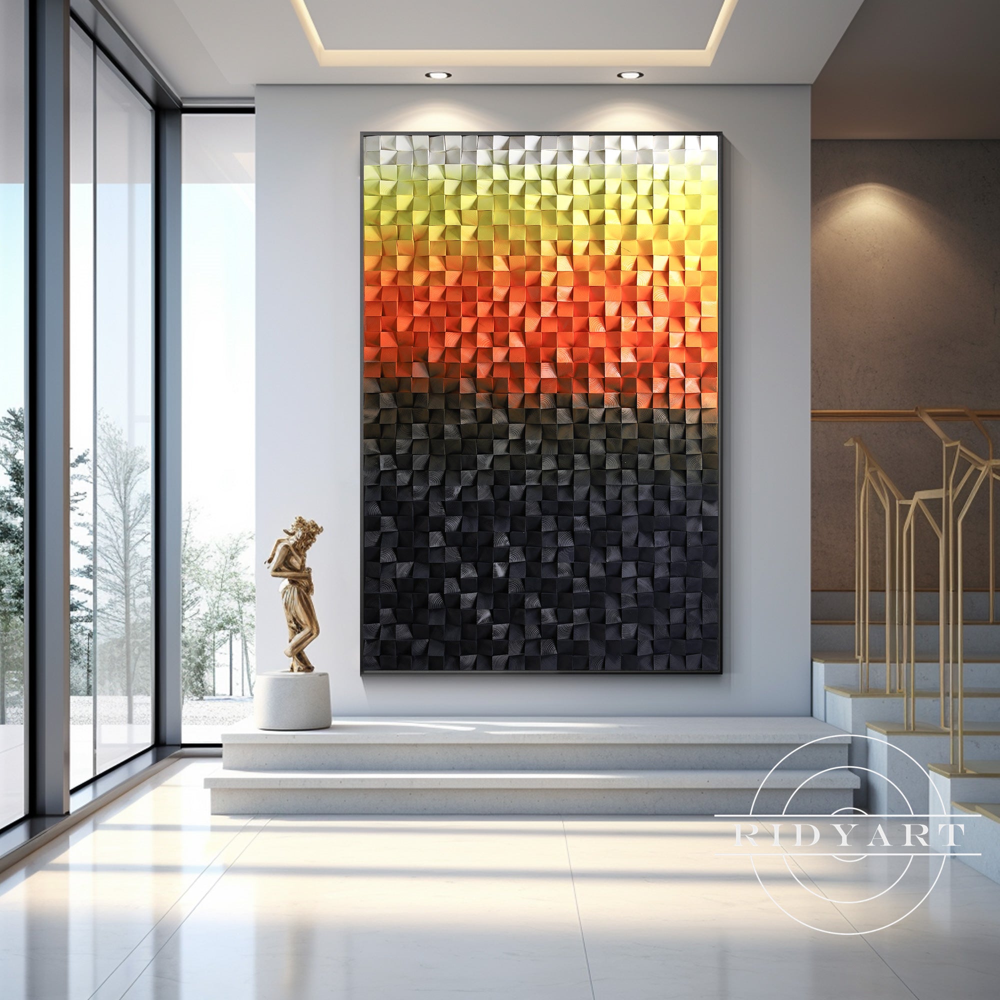 Bold wood cube artwork for modern living room design
